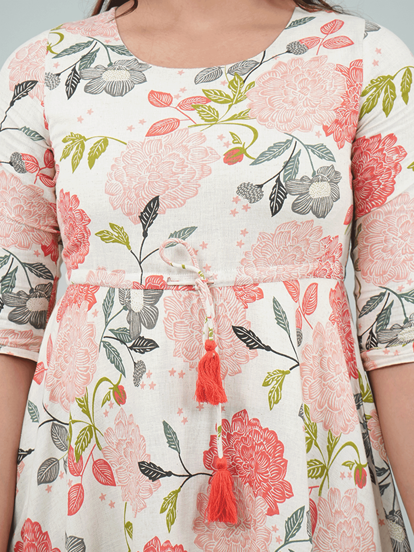 Linen Cotton Floral Anarkali Beige Dress