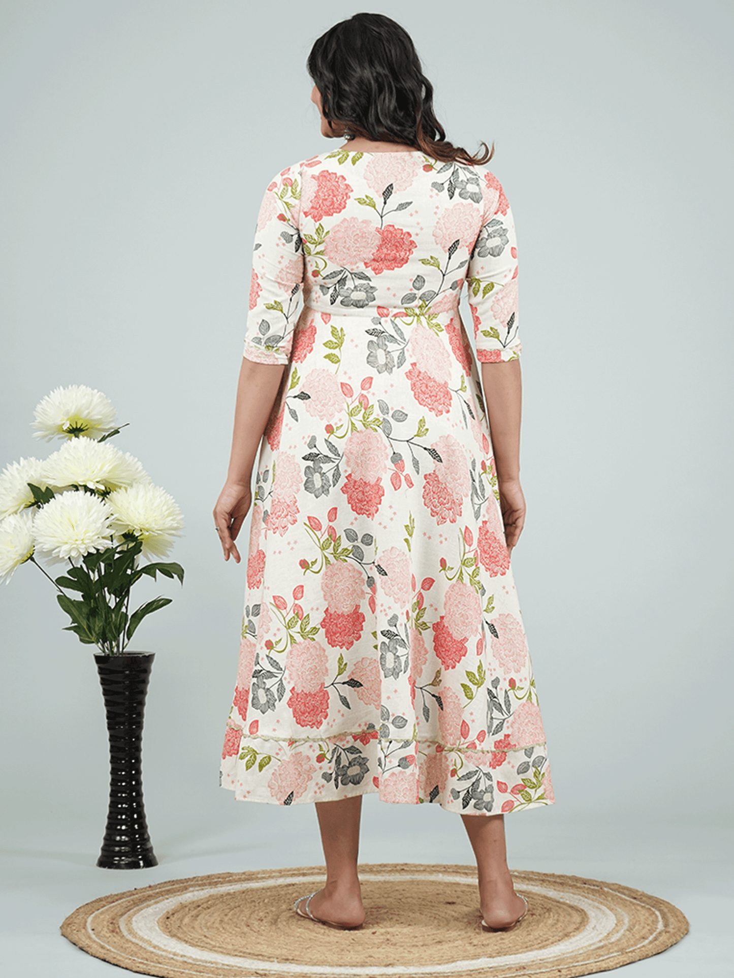 Linen Cotton Floral Anarkali Beige Dress