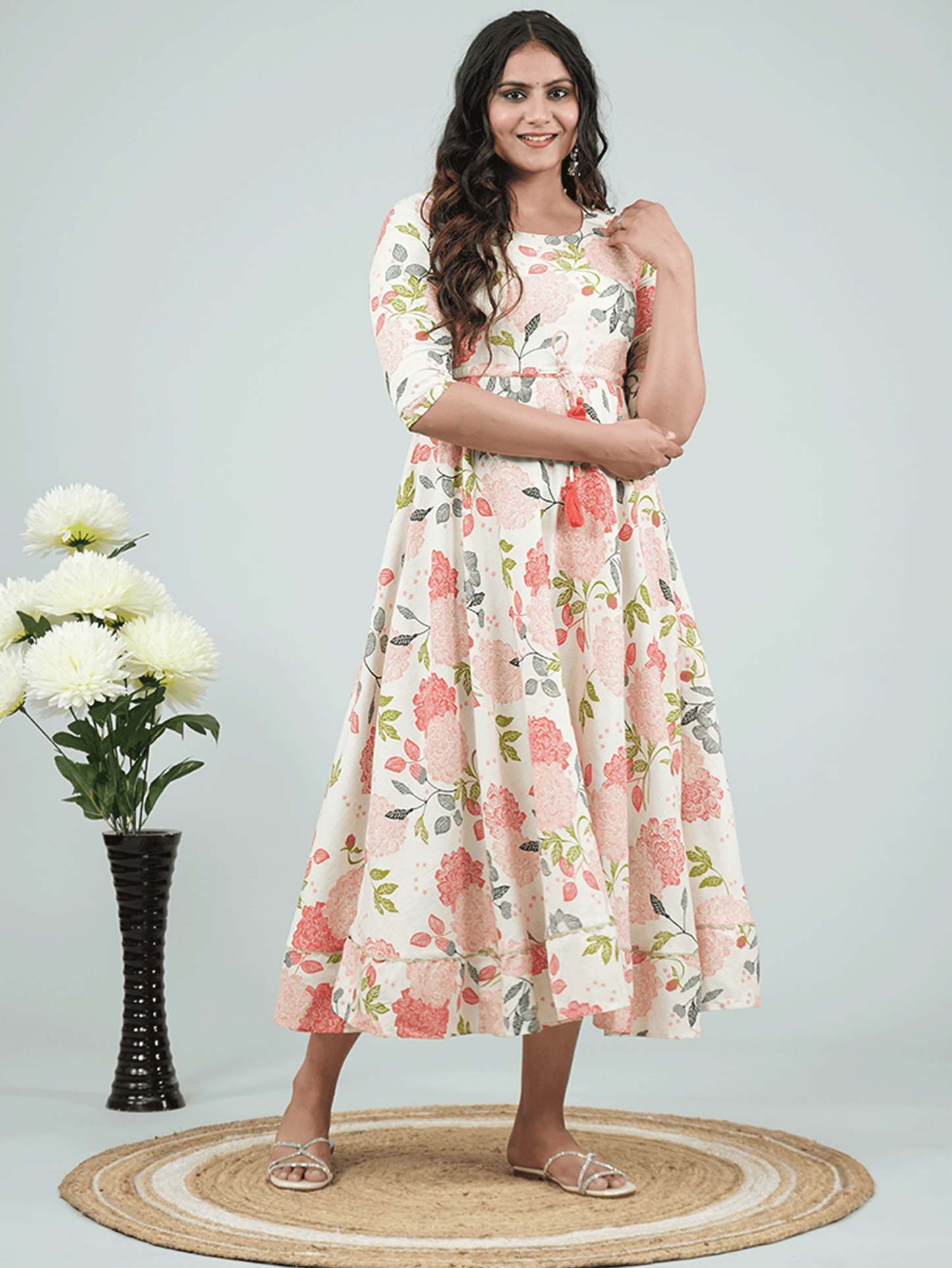 Linen Cotton Floral Anarkali Beige Dress