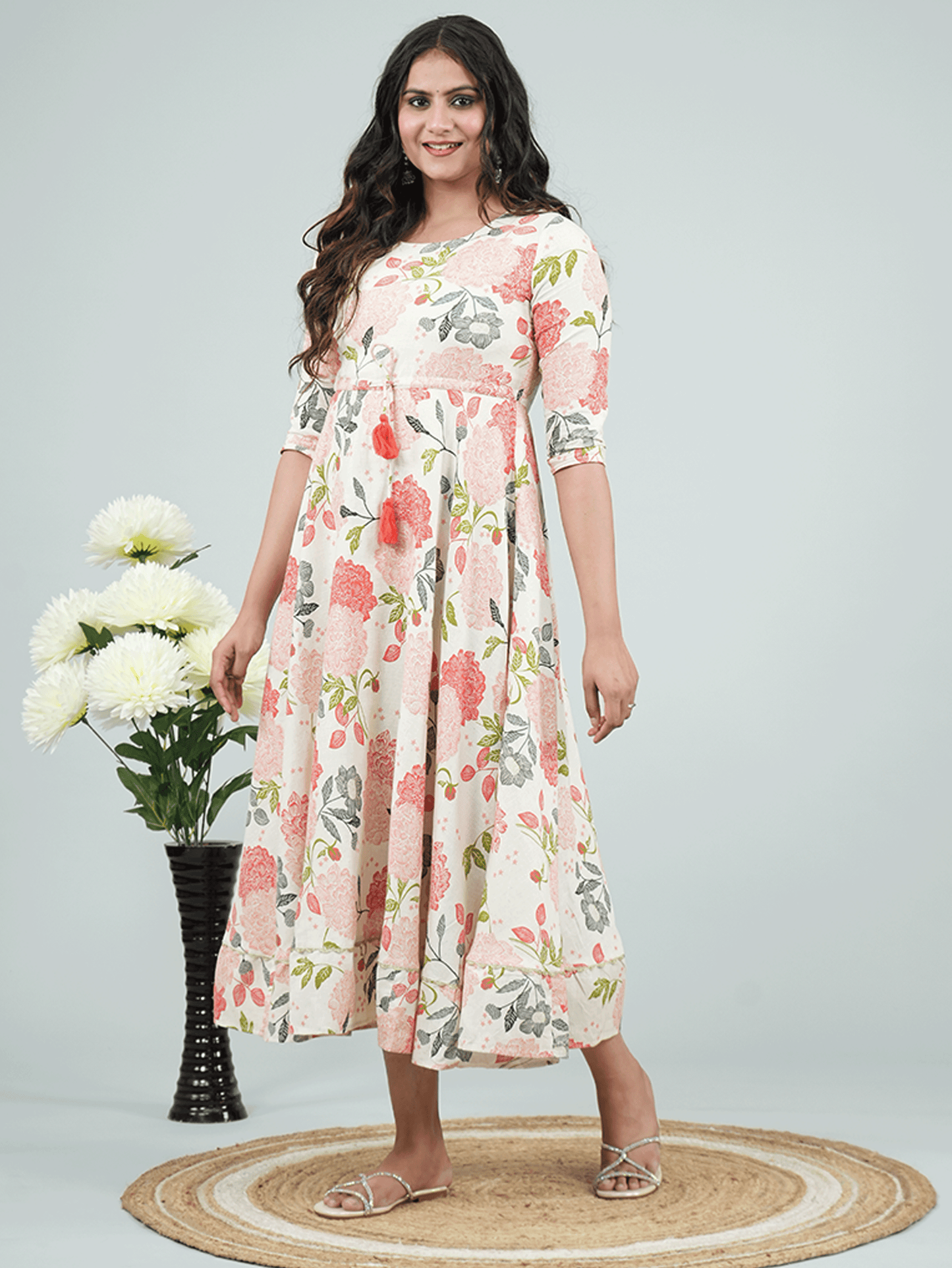 Linen Cotton Floral Anarkali Beige Dress