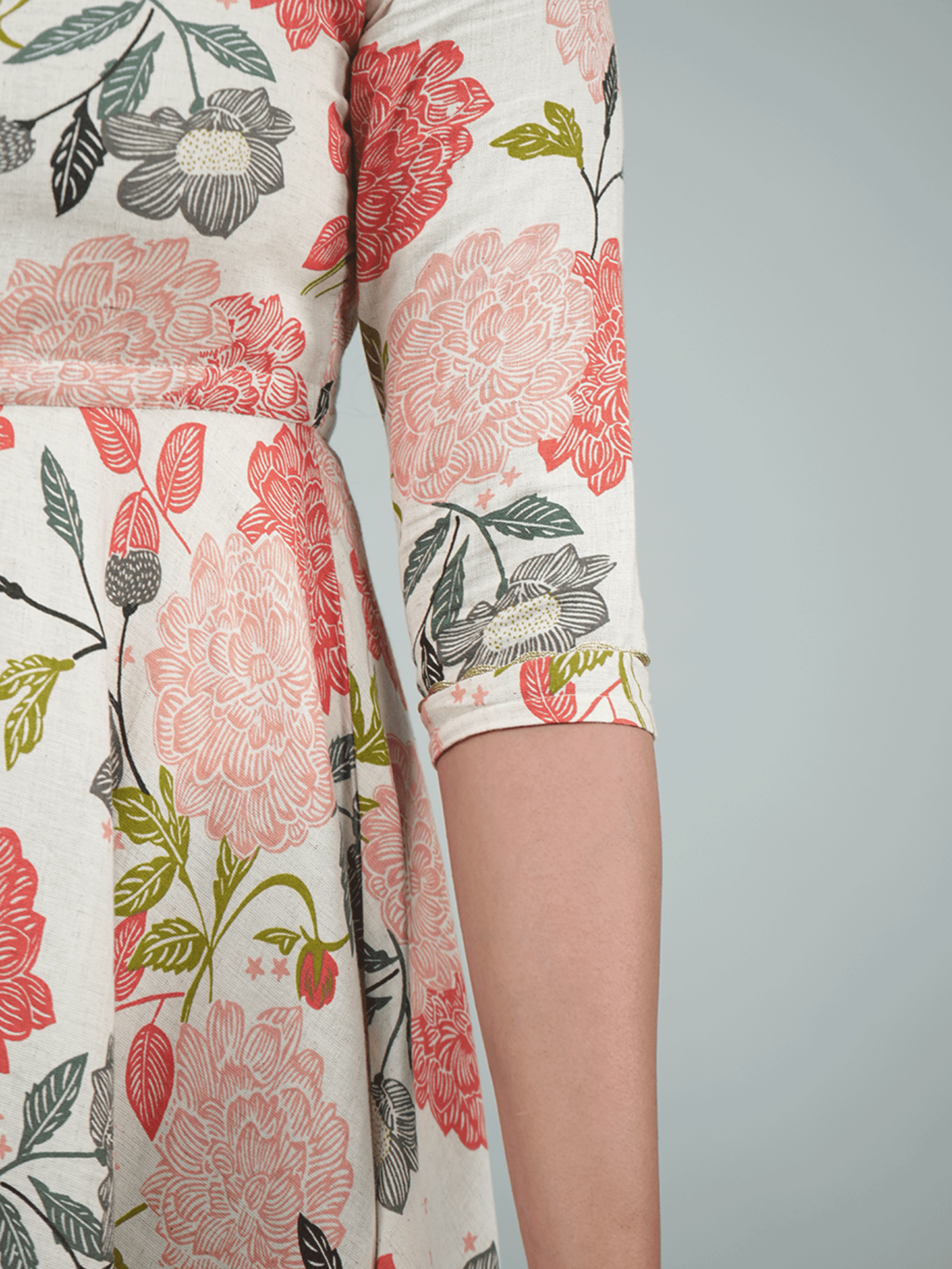 Linen Cotton Floral Anarkali Beige Dress