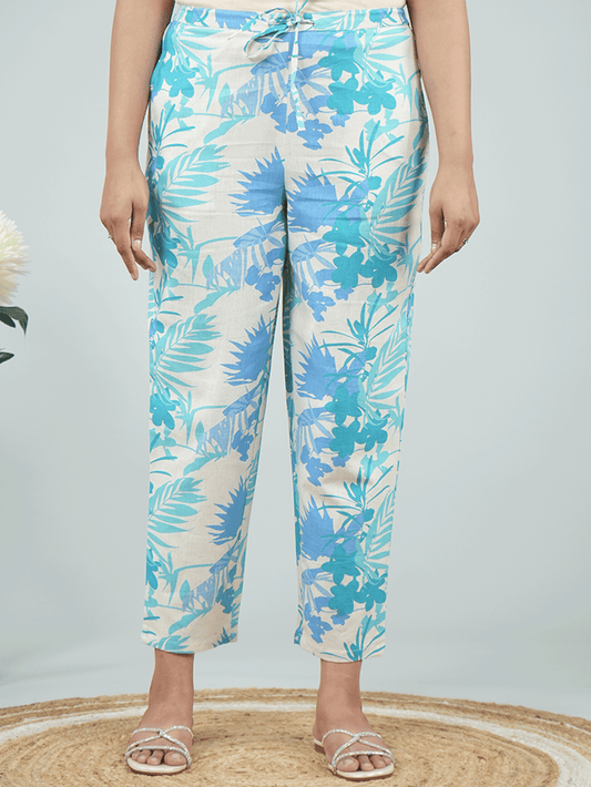 Linen Cotton Foliage Off White Tapered Trousers