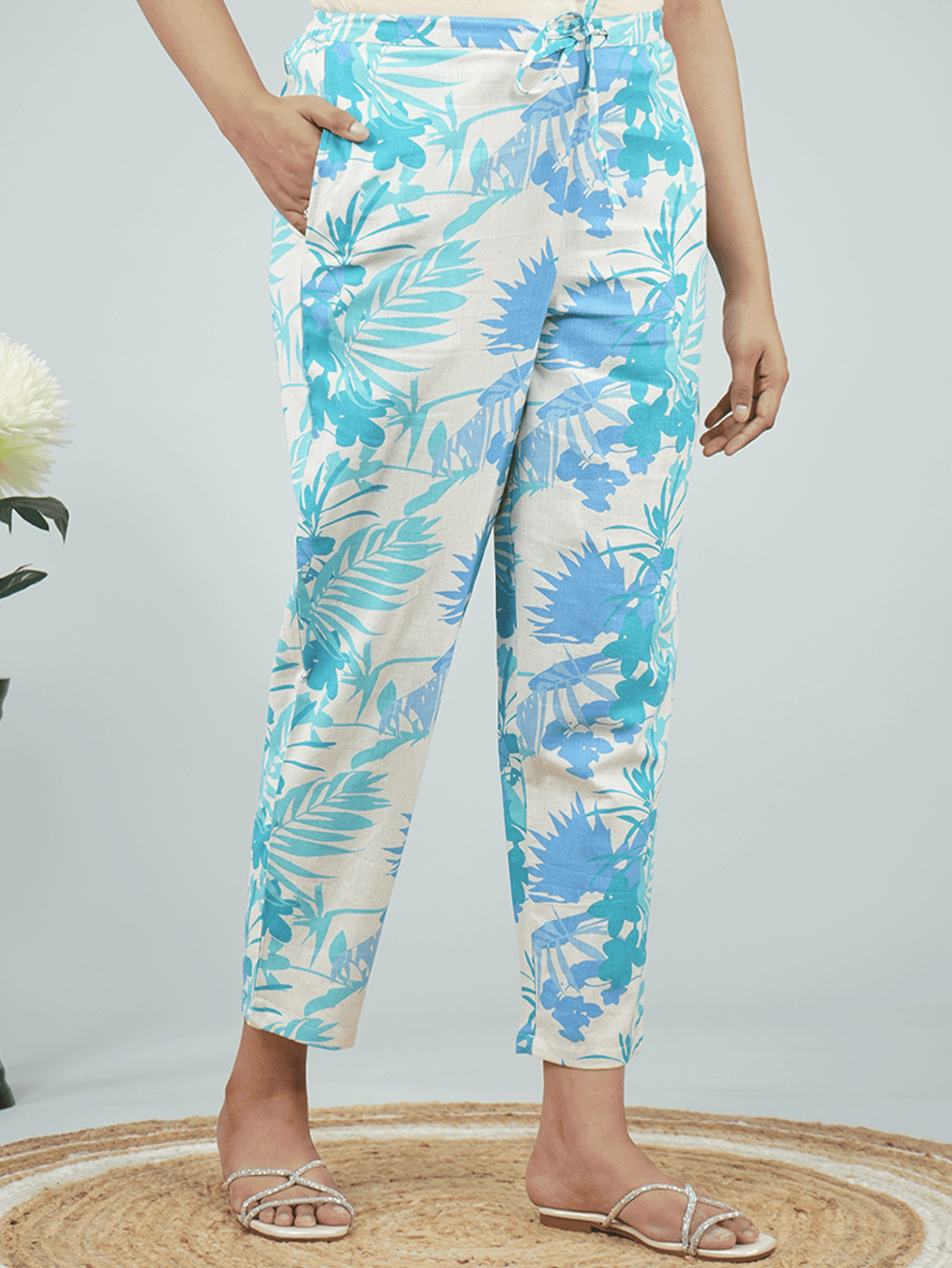 Linen Cotton Foliage Off White Tapered Trousers