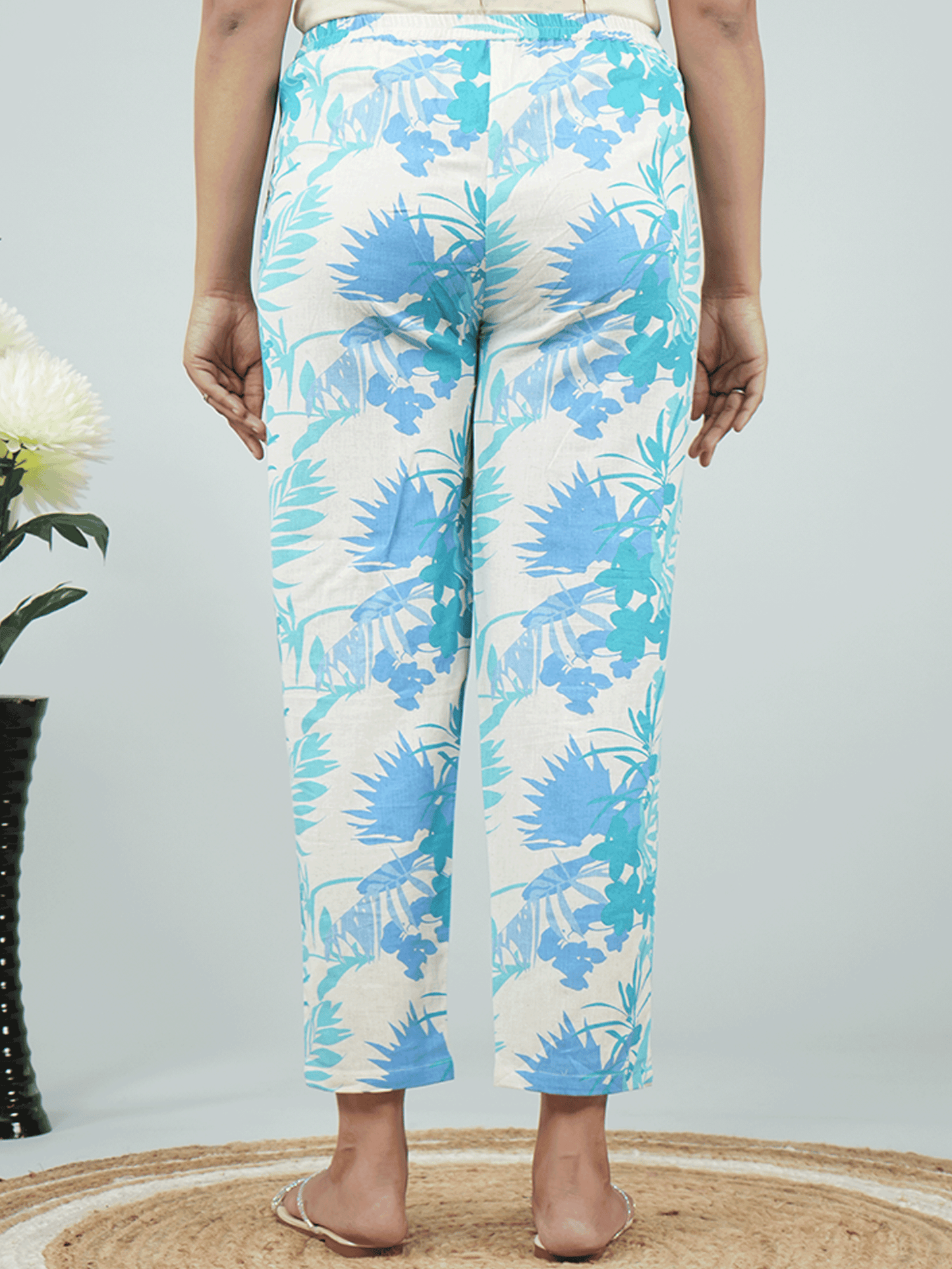 Linen Cotton Foliage Off White Tapered Trousers