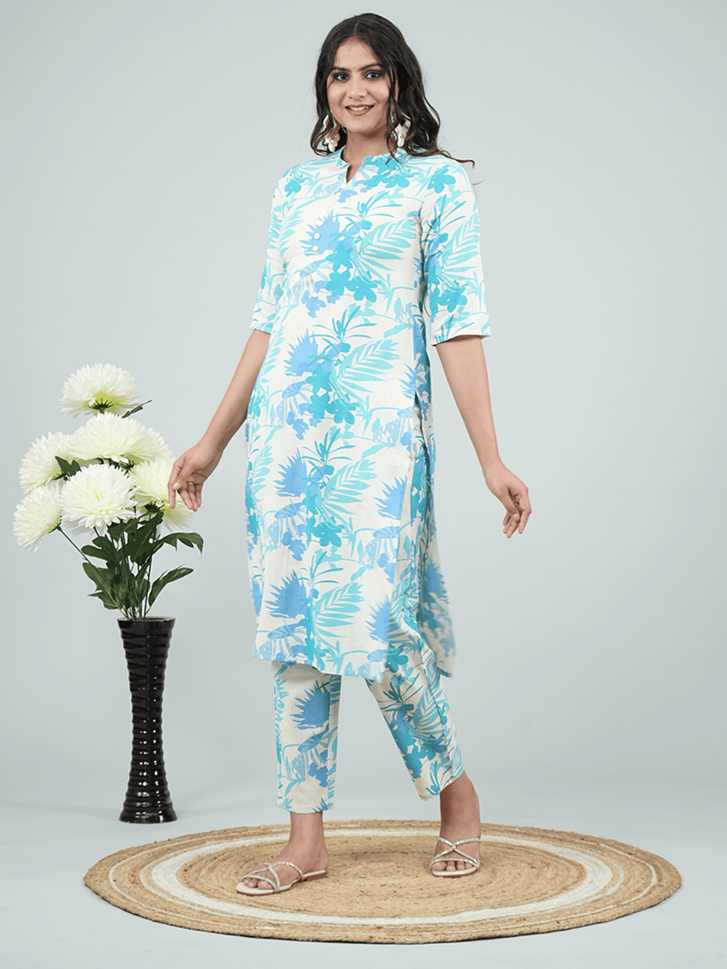 Linen Cotton Foliage Straight Off White Kurta