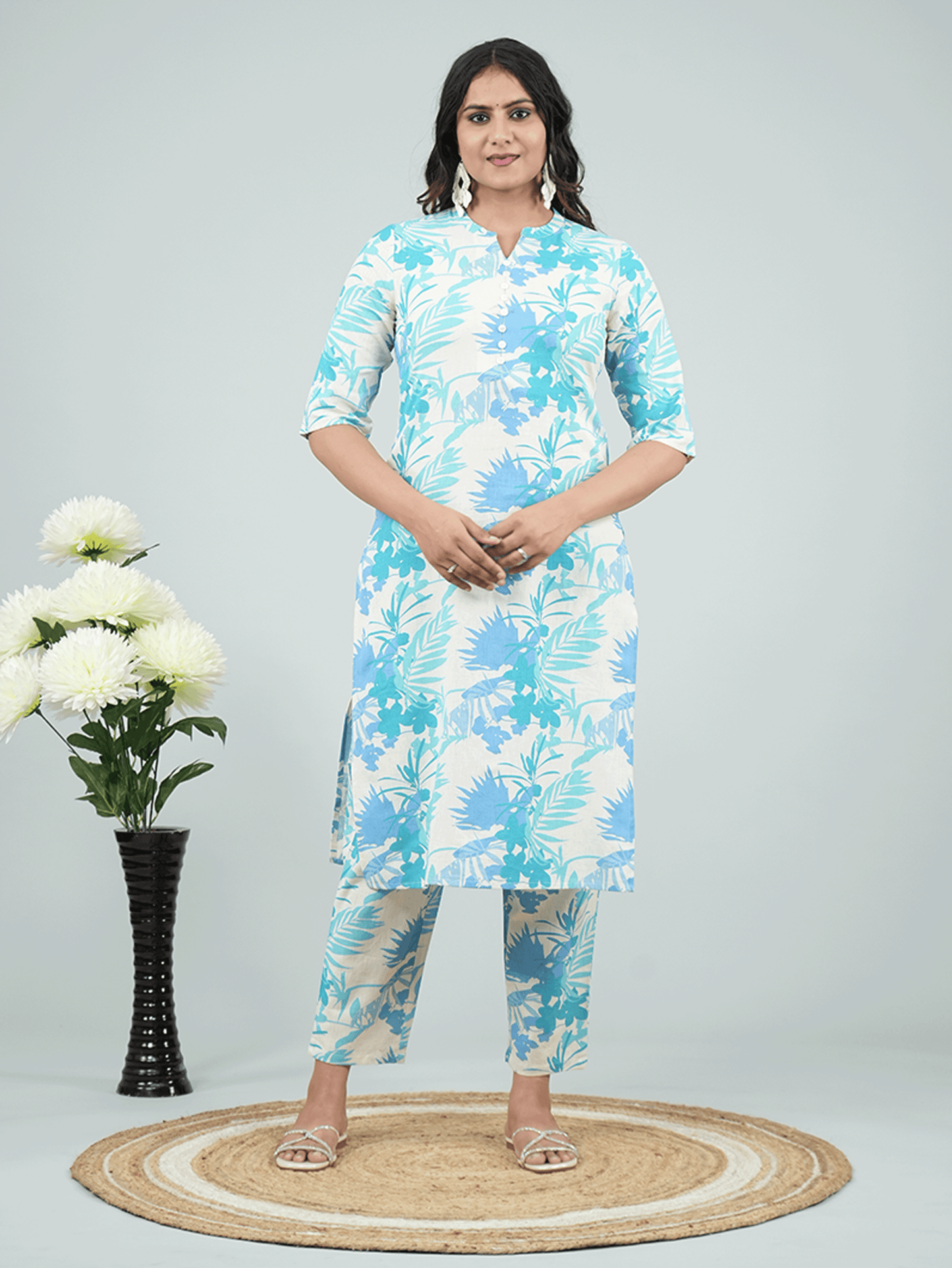 Linen Cotton Foliage Straight Off White Kurta