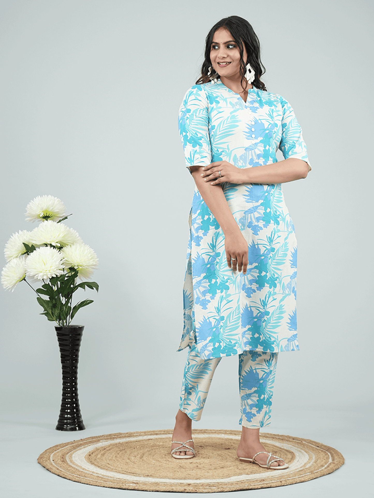 Linen Cotton Foliage Straight Off White Kurta