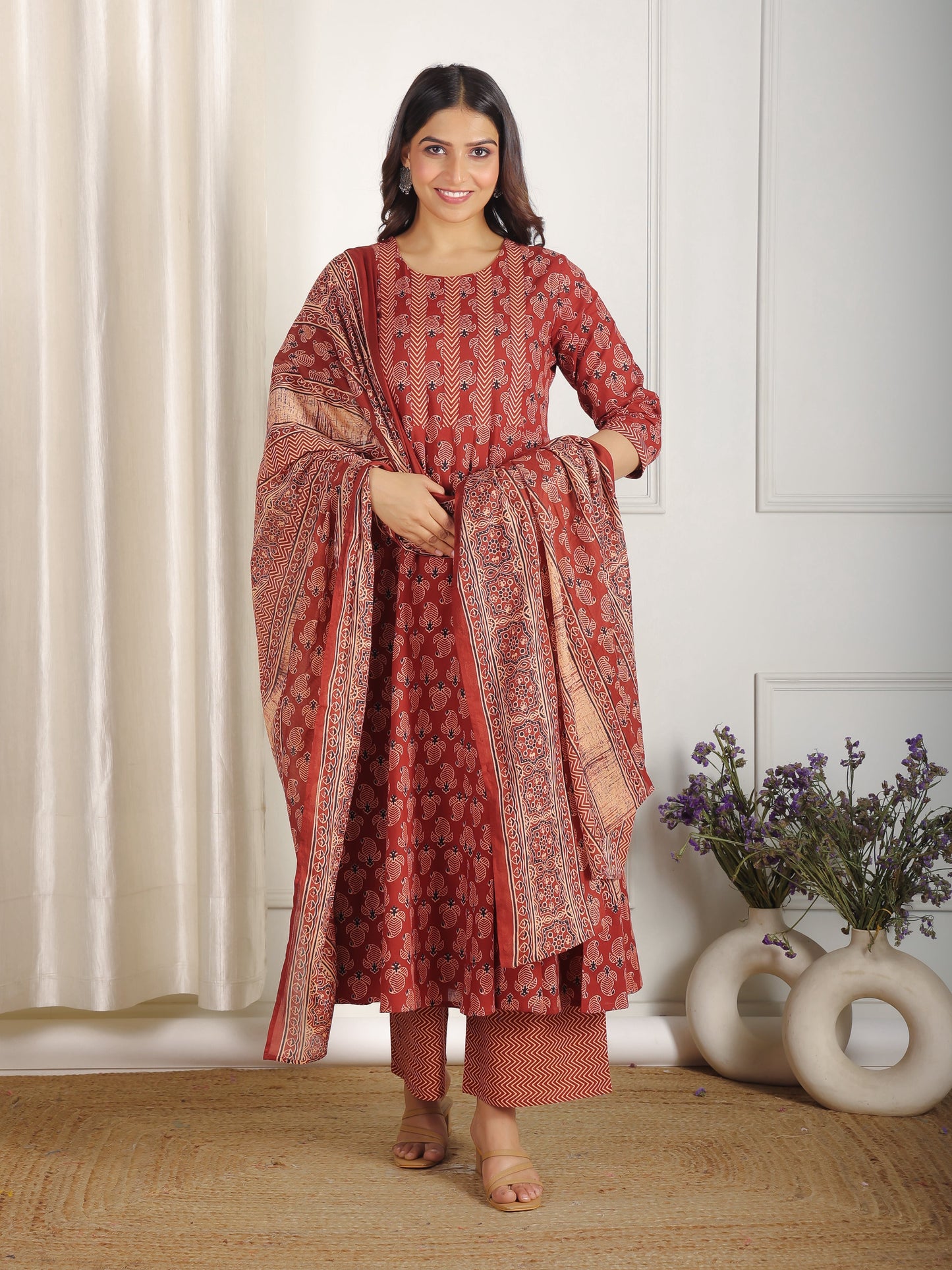 Cotton Voile Ajrakh Red Dupatta
