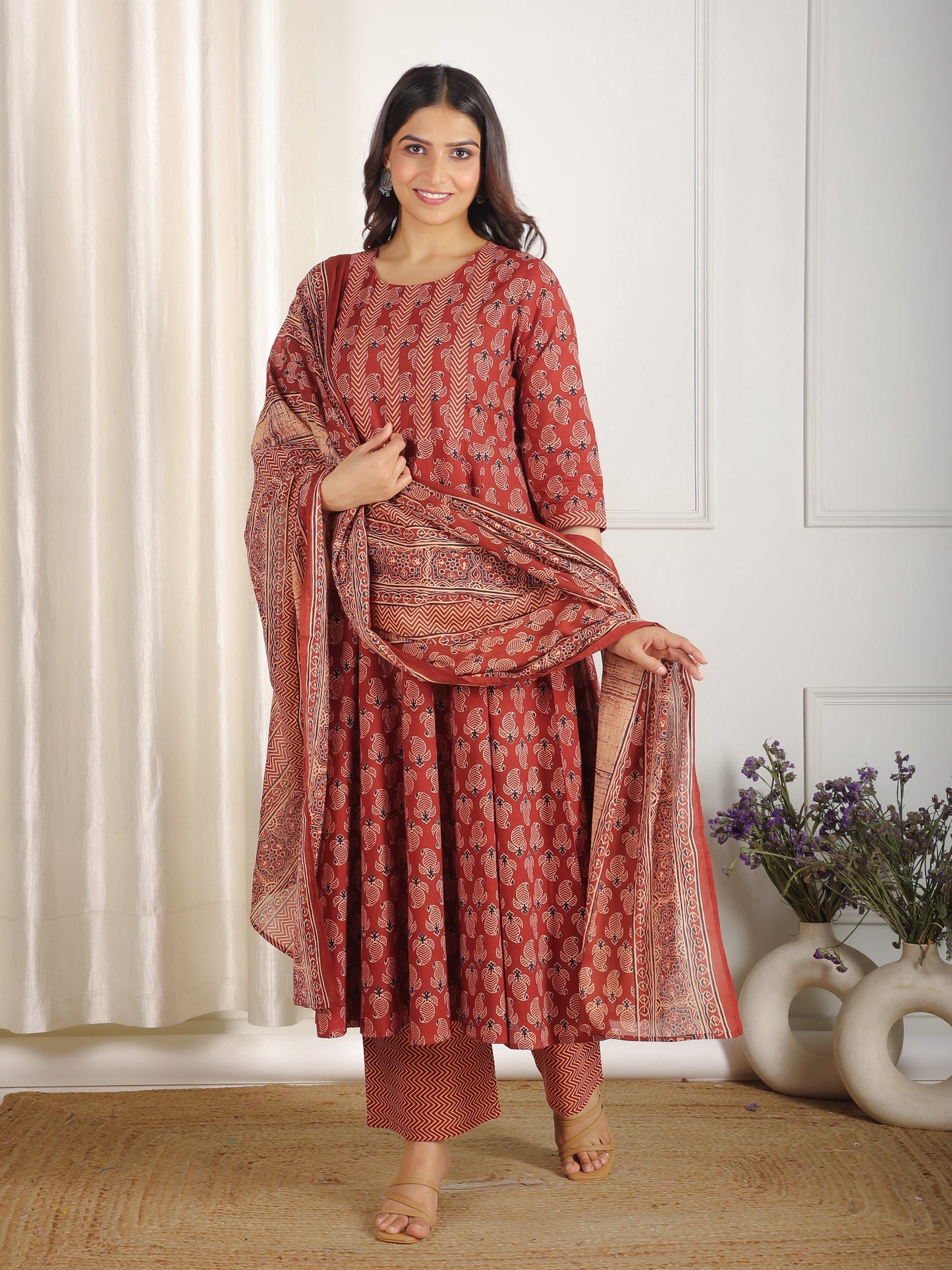 Soft Cotton Ajrakh Flared Red Kurta