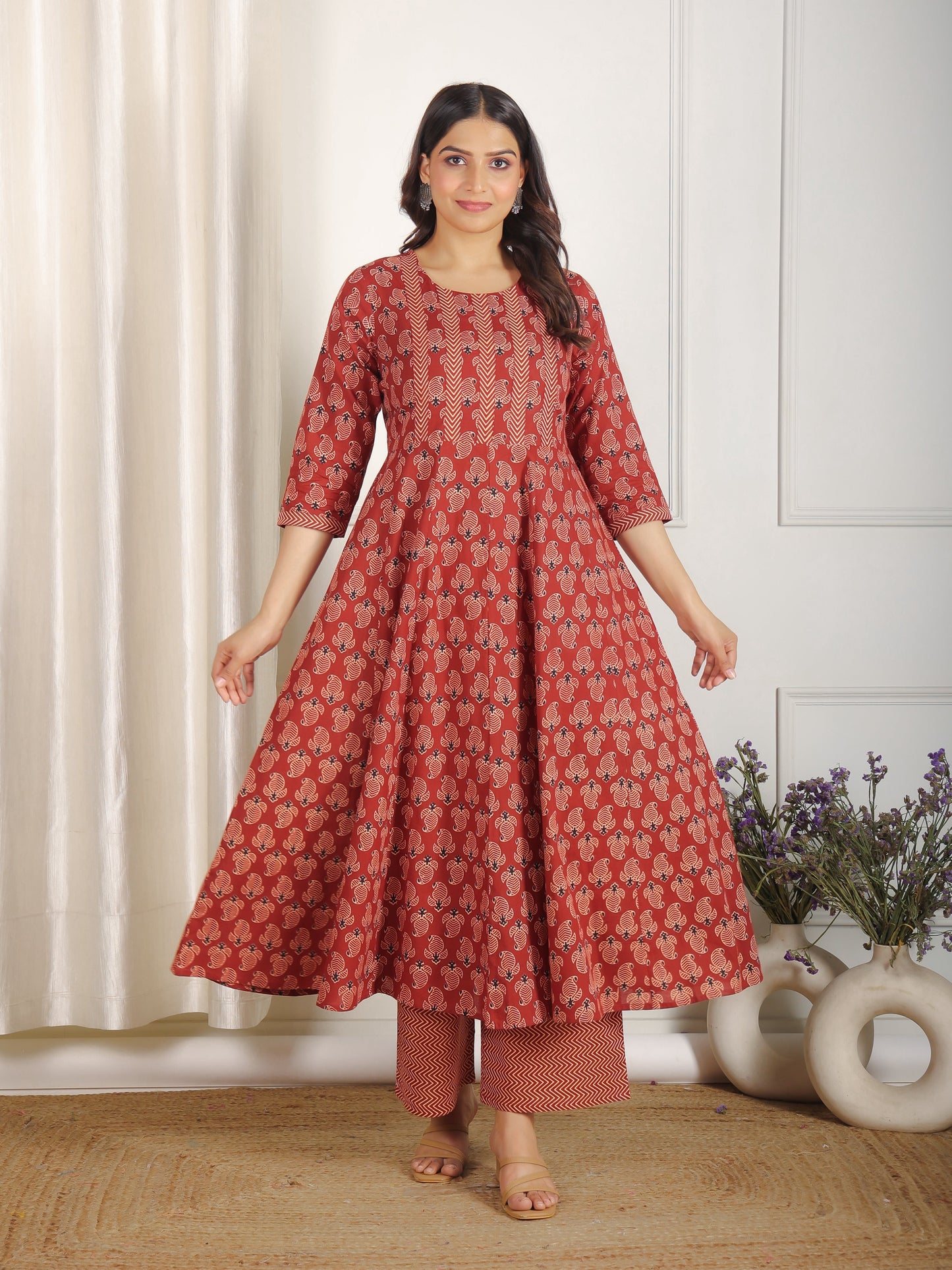 Soft Cotton Ajrakh Flared Red Kurta