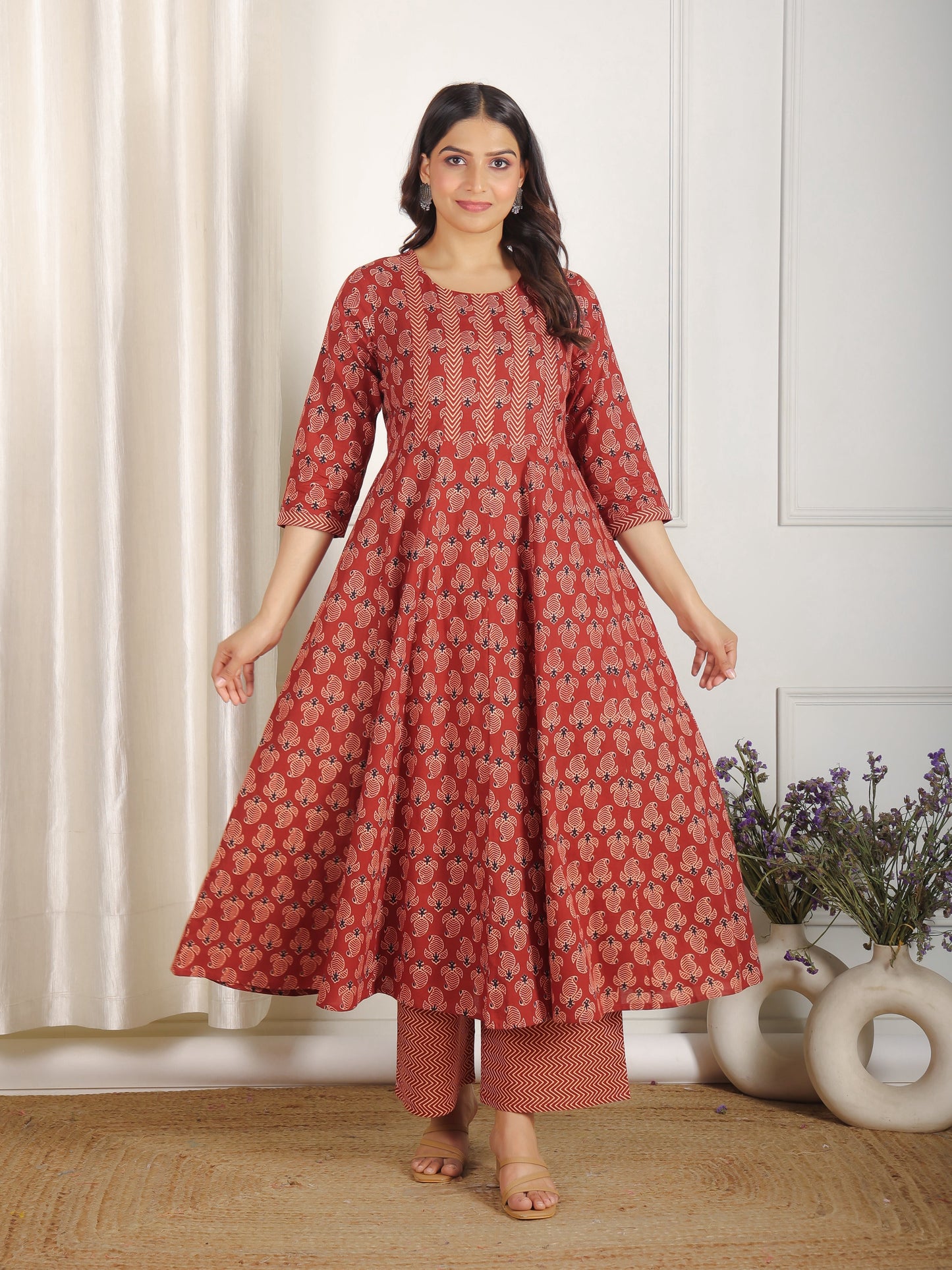 Soft Cotton Ajrakh Flared Red Kurta