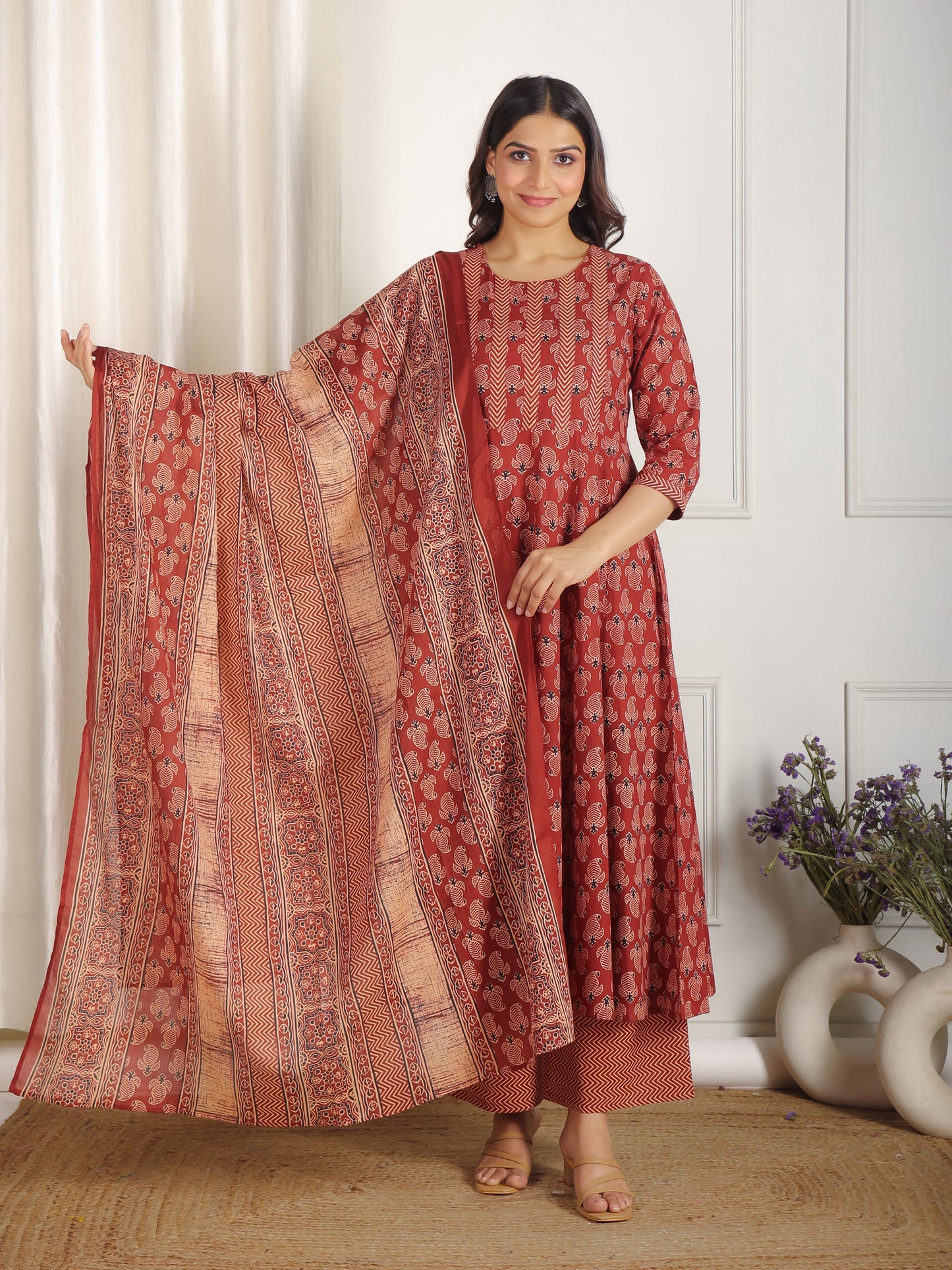 Soft Cotton Ajrakh Flared Red Kurta