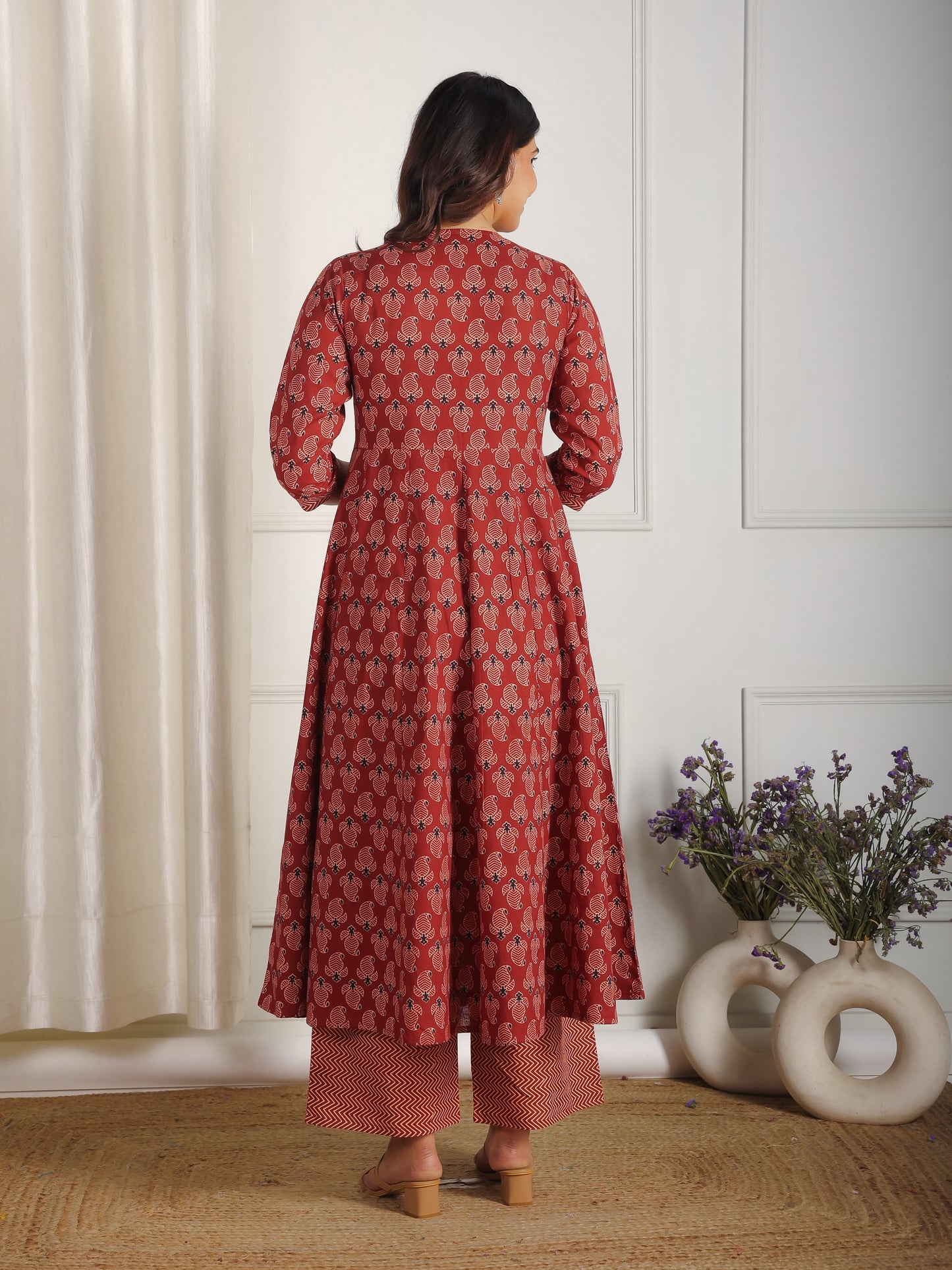 Soft Cotton Ajrakh Flared Red Kurta