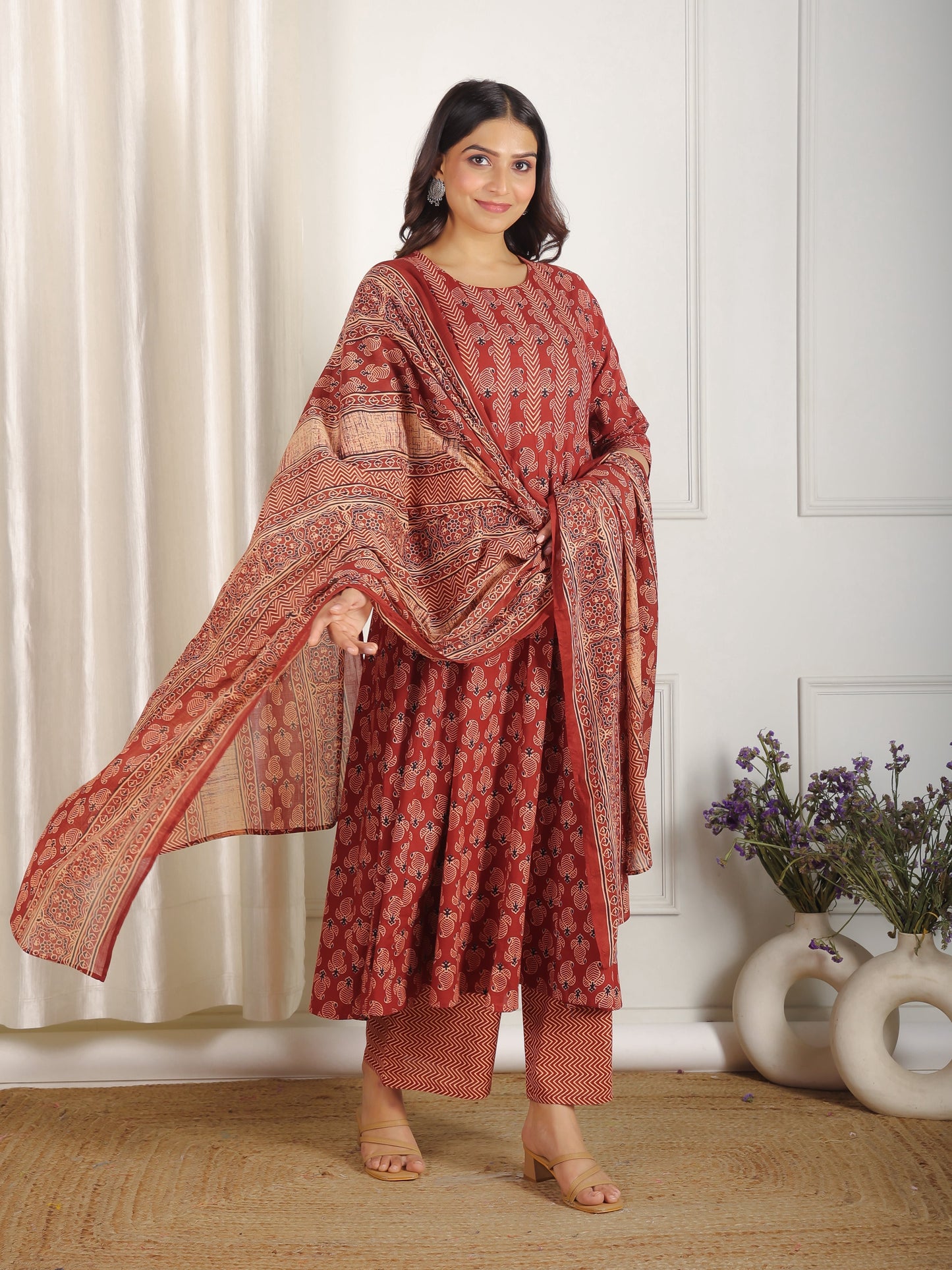 Soft Cotton Ajrakh Flared Red Kurta