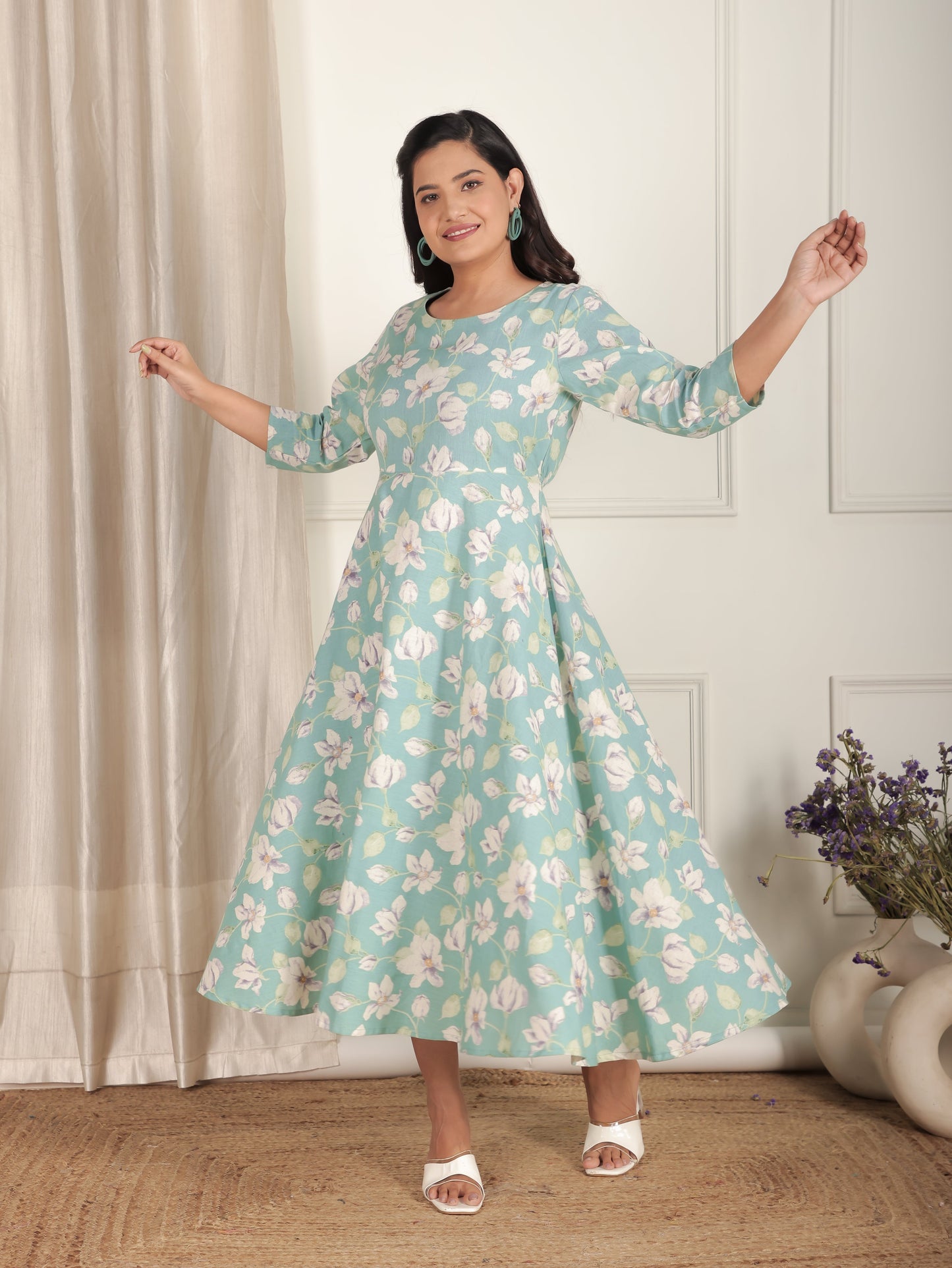 Linen Cotton Floral Anarkali Green Dress
