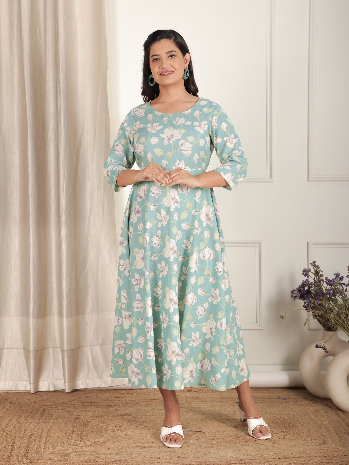 Linen Cotton Floral Anarkali Green Dress