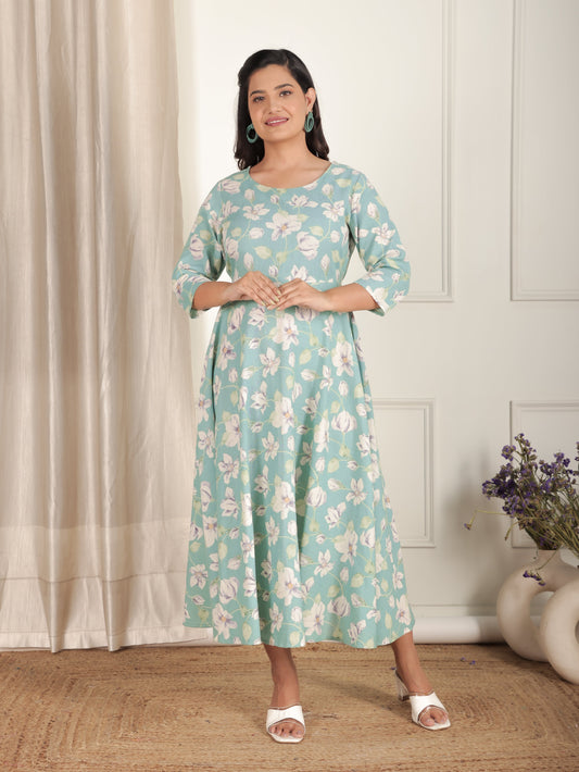 Linen Cotton Floral Anarkali Green Dress