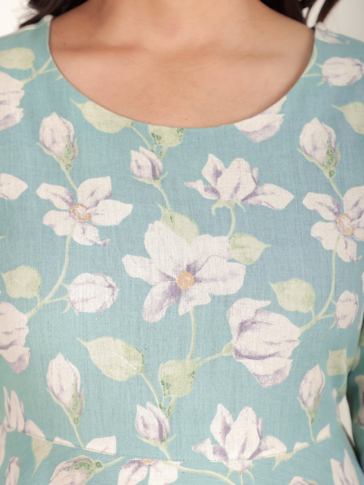 Linen Cotton Floral Anarkali Green Dress