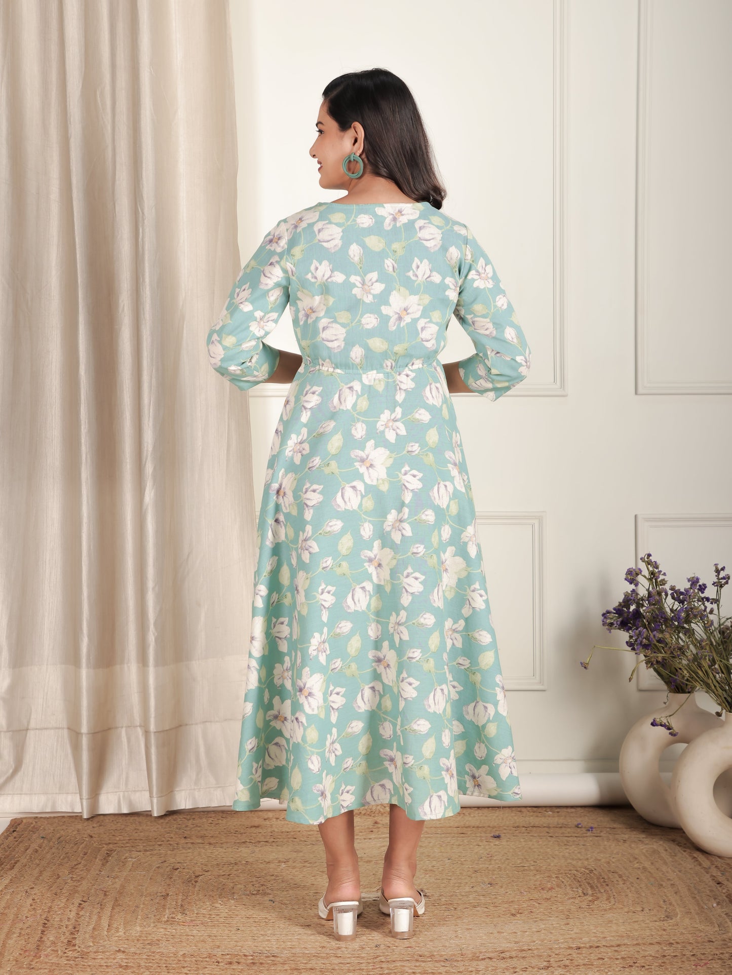 Linen Cotton Floral Anarkali Green Dress