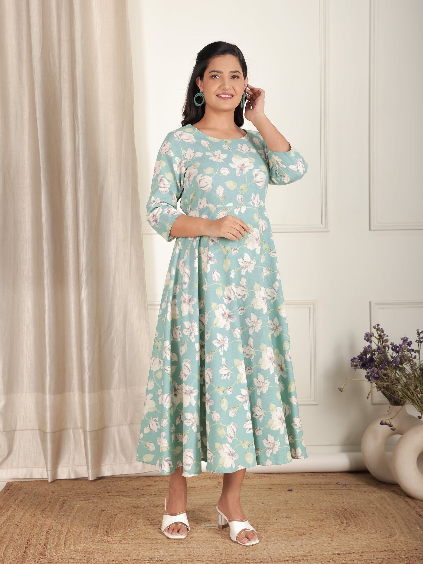 Linen Cotton Floral Anarkali Green Dress