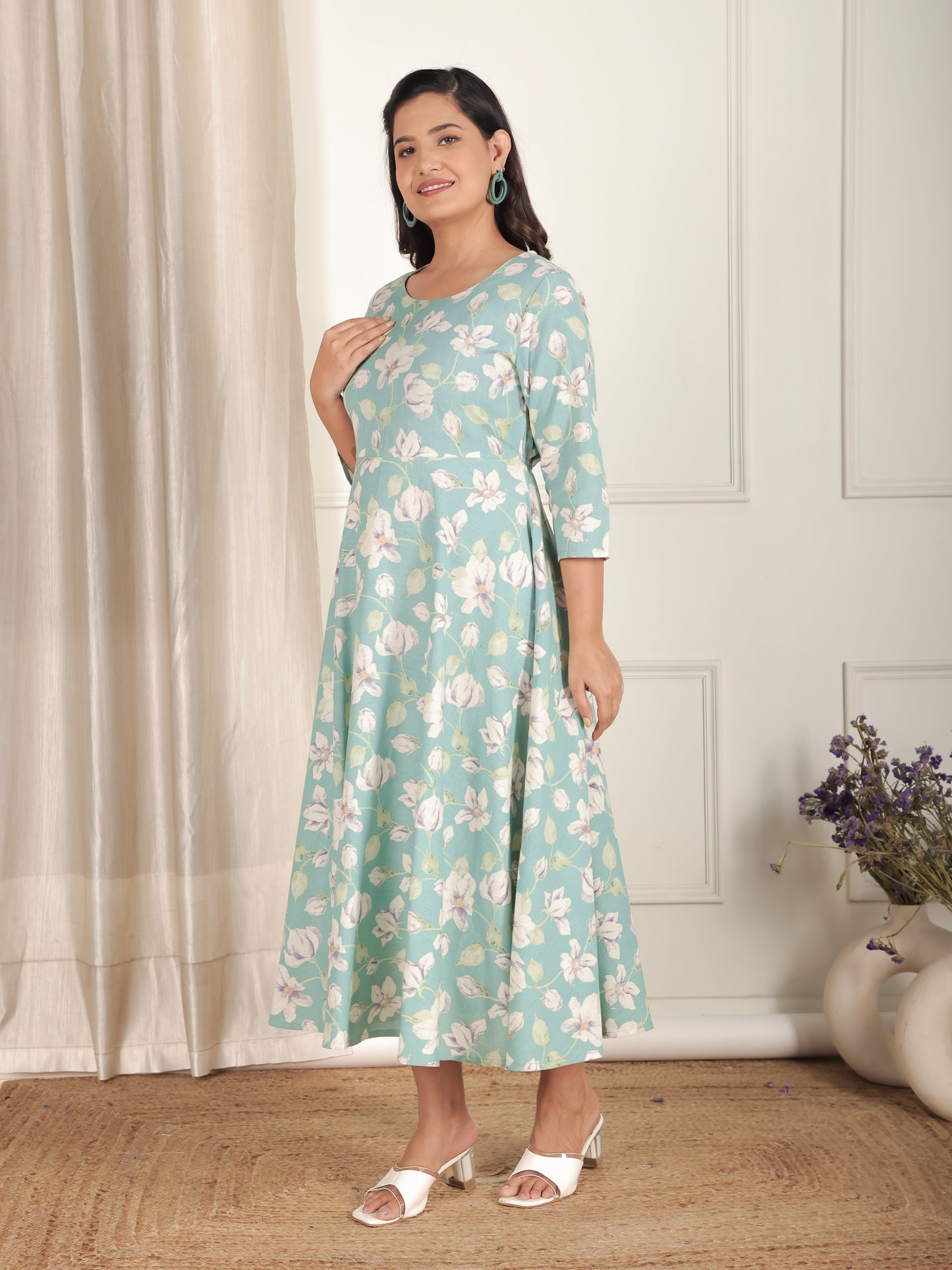 Linen Cotton Floral Anarkali Green Dress