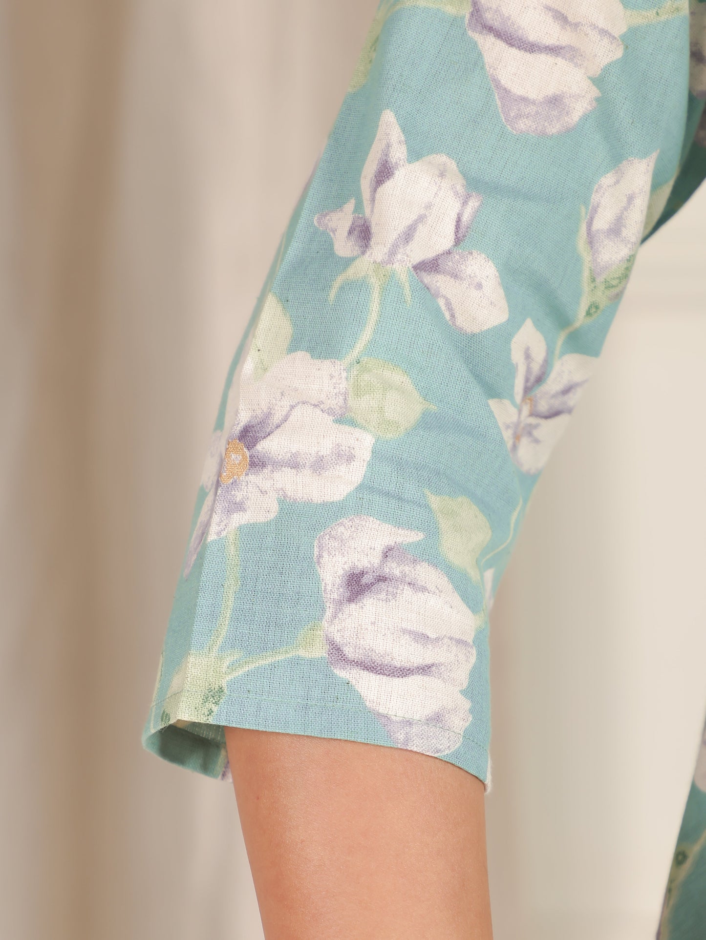 Linen Cotton Floral Anarkali Green Dress