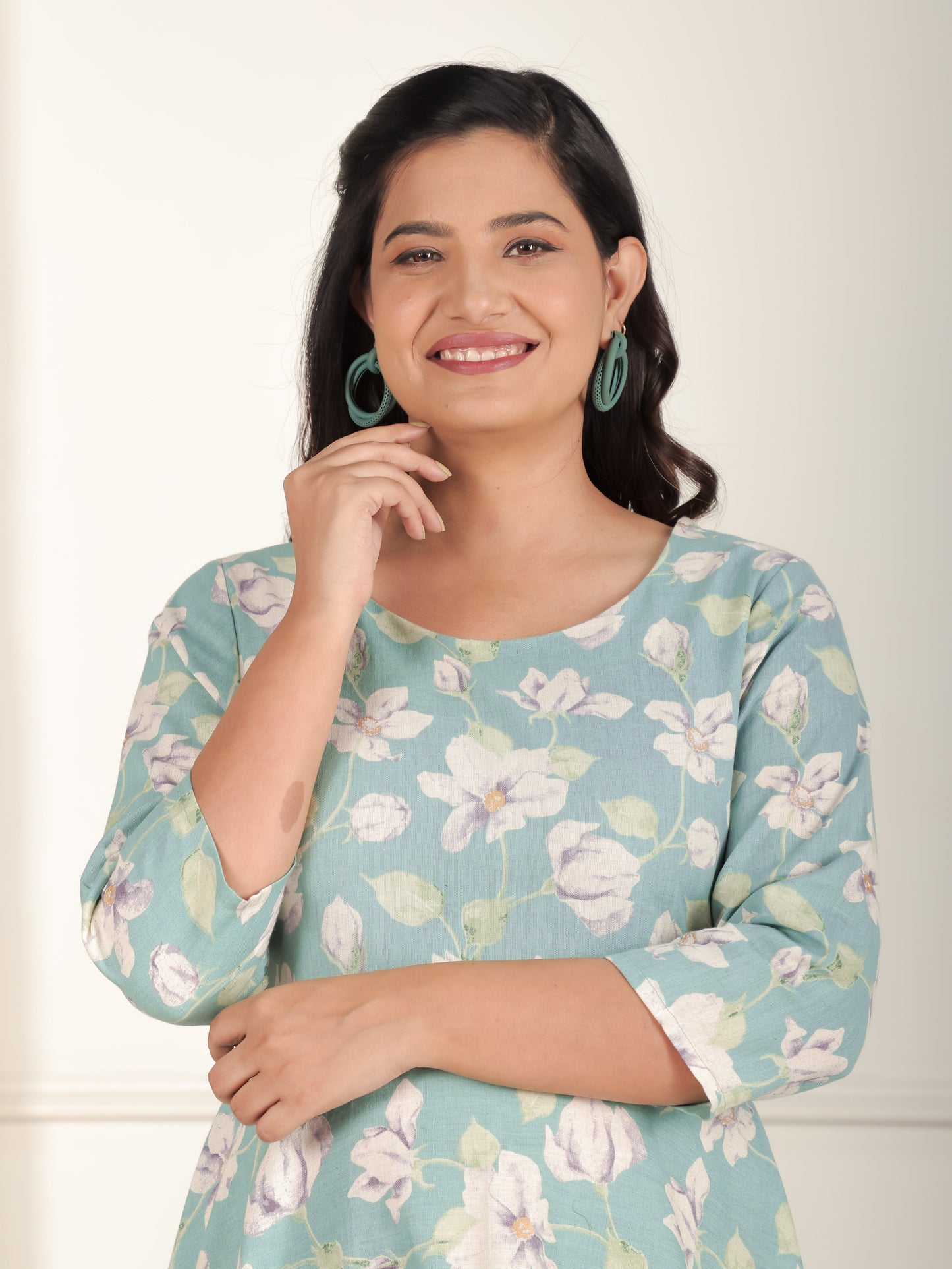 Linen Cotton Floral Anarkali Green Dress