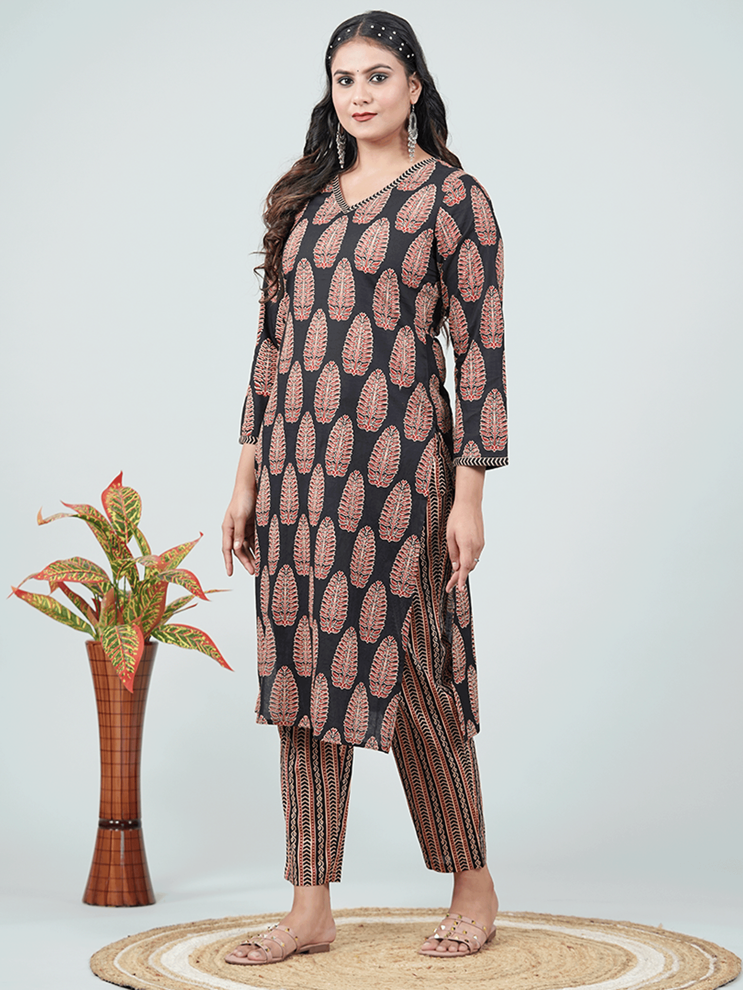 Soft Cotton Ajrakh Straight Black Kurta