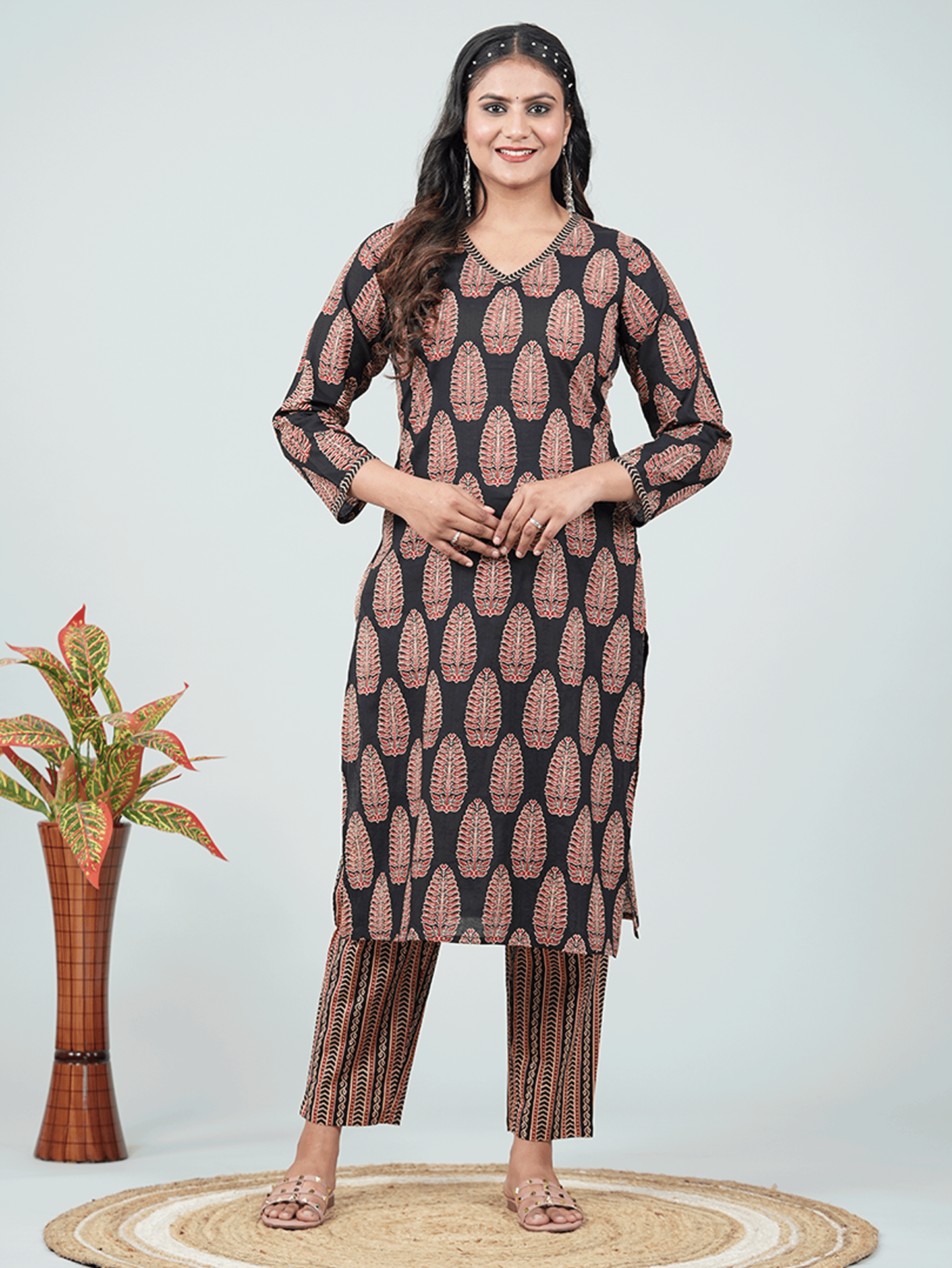 Soft Cotton Ajrakh Straight Black Kurta