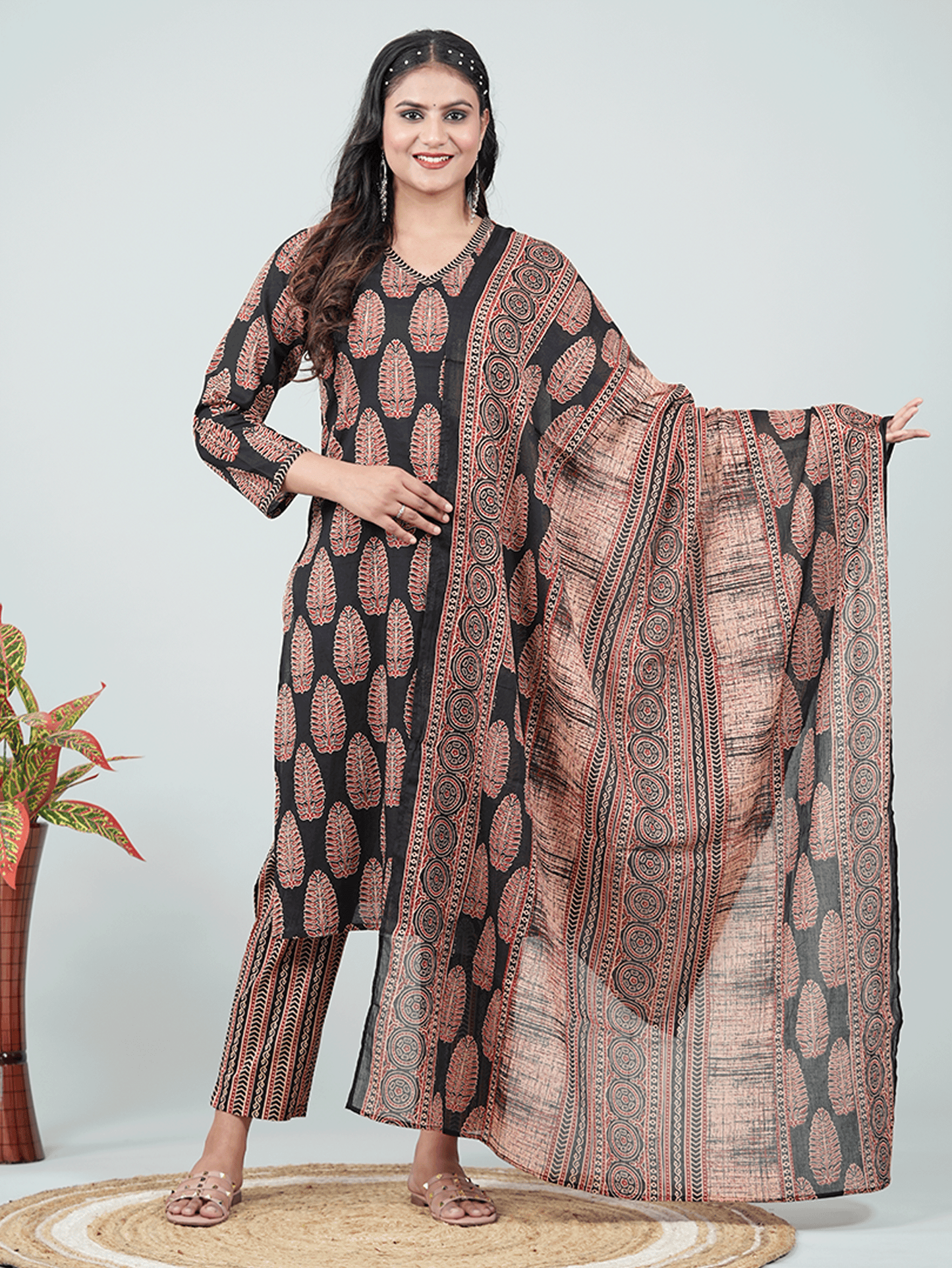 Soft Cotton Ajrakh Straight Black Kurta