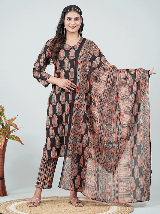 Soft Cotton Ajrakh Straight Black Kurta