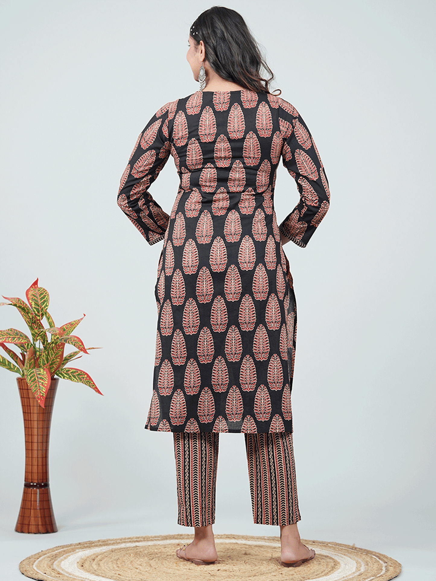 Soft Cotton Ajrakh Straight Black Kurta