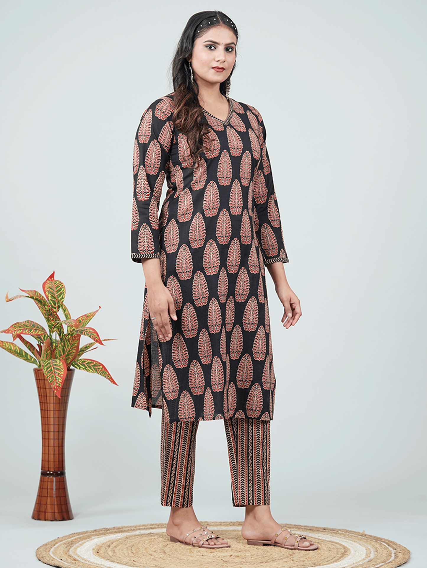Soft Cotton Ajrakh Straight Black Kurta