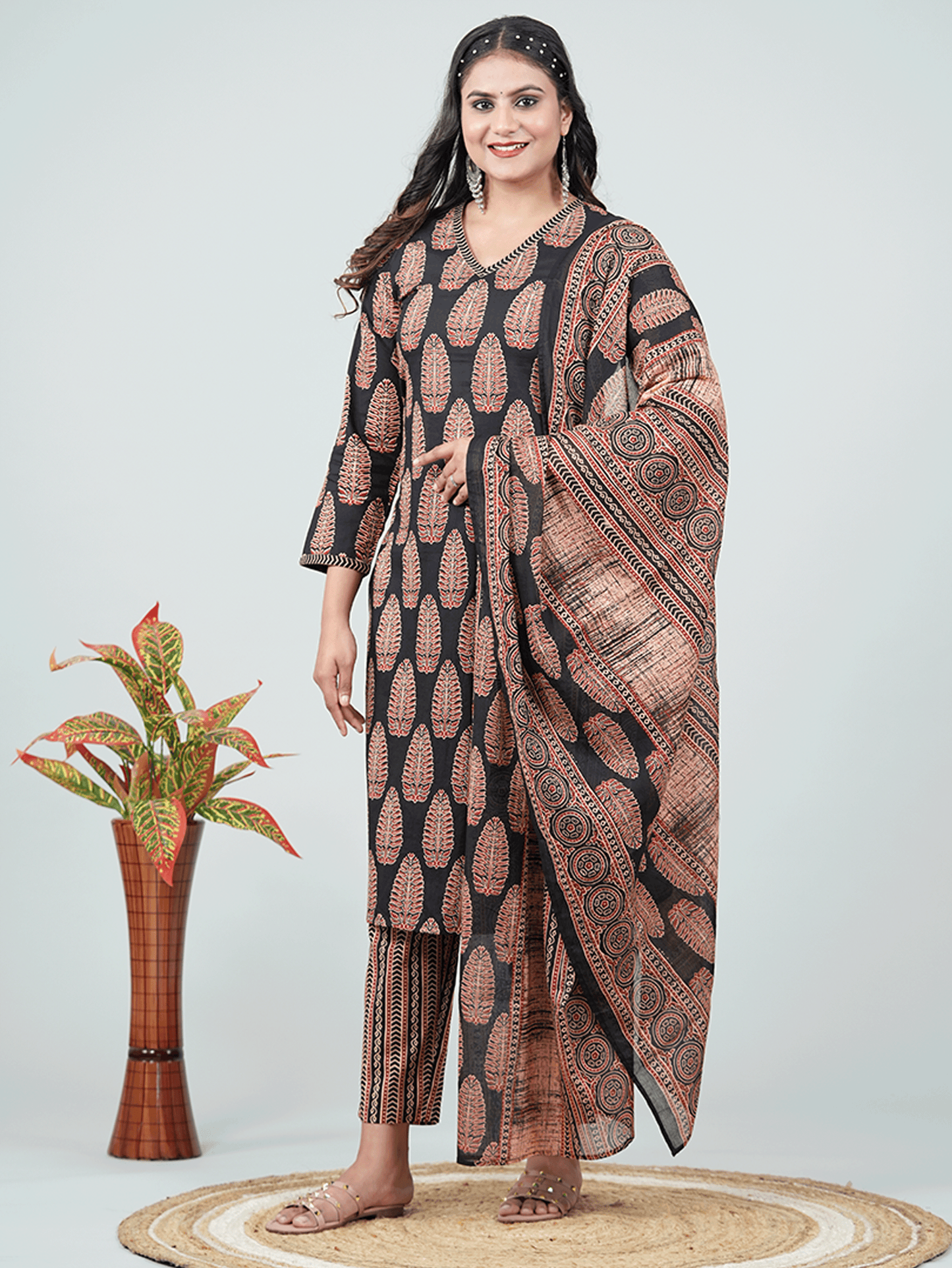 Soft Cotton Ajrakh Straight Black Kurta