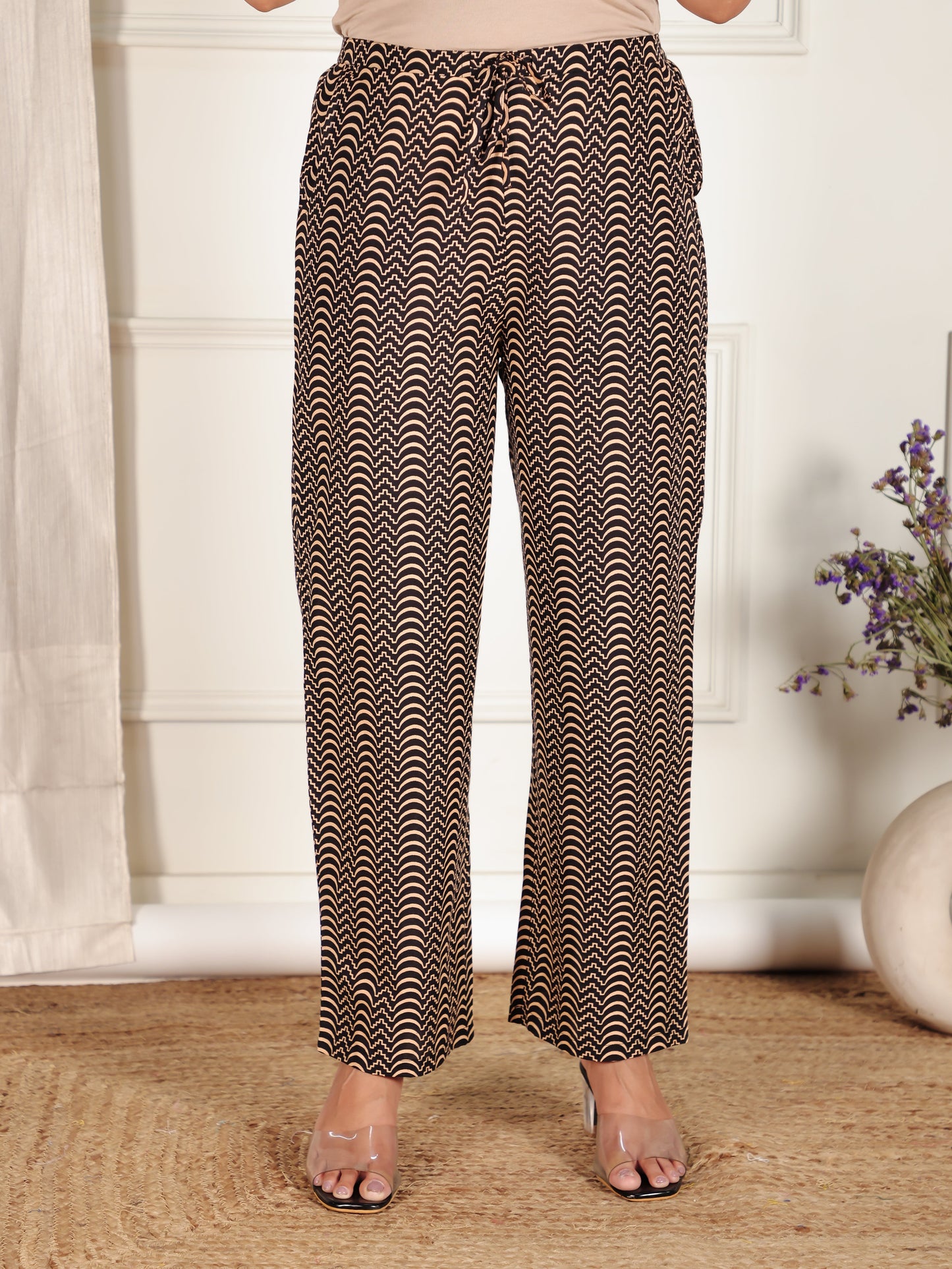 Soft Cotton Striped Black Straight Trousers