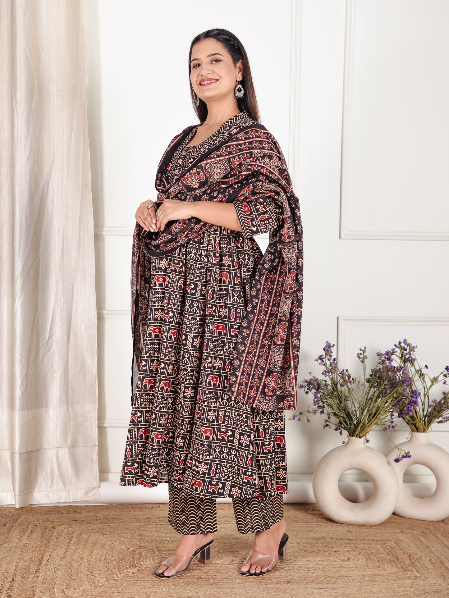 Soft Cotton Animal Gathered Black Kurta