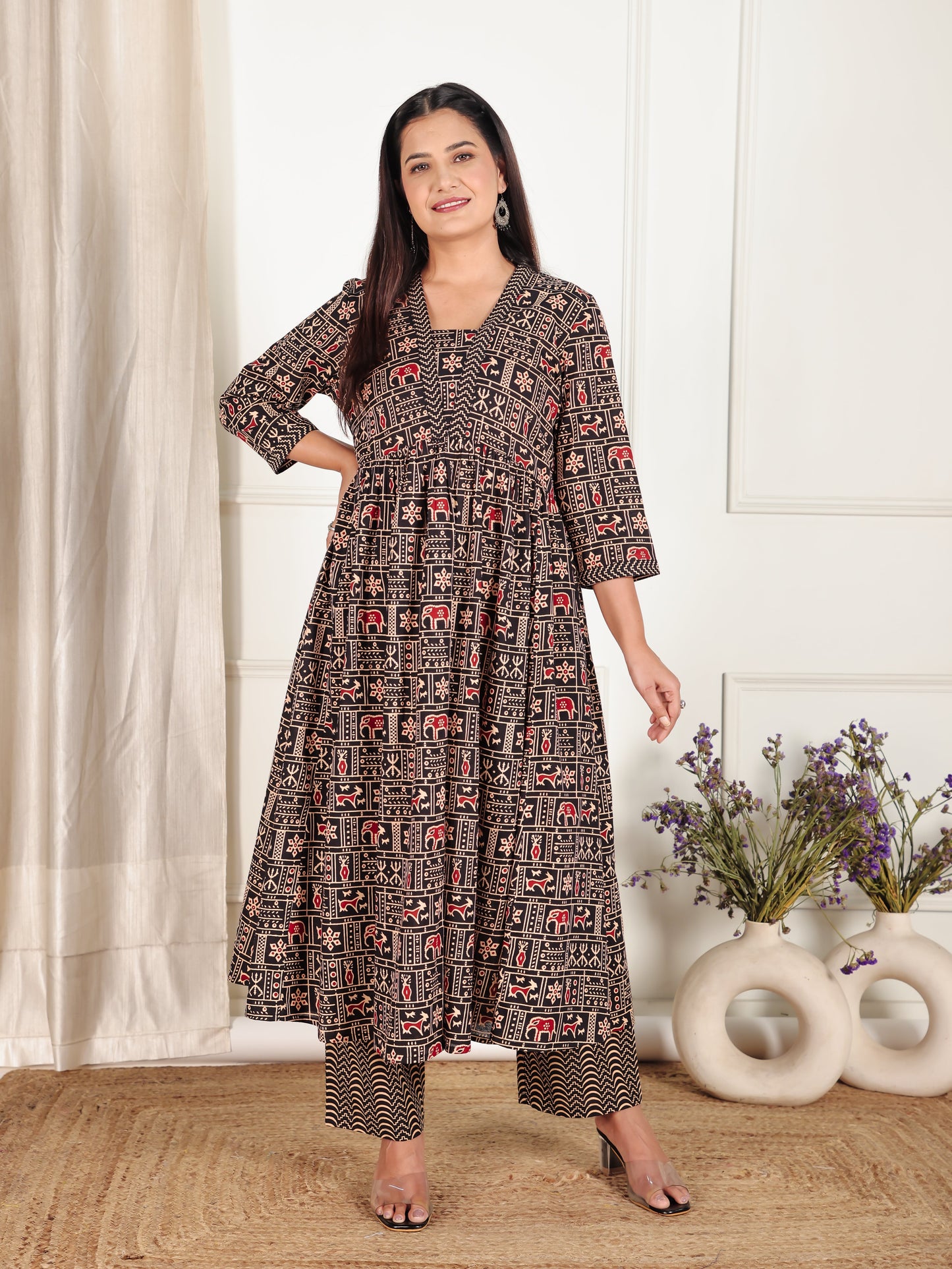 Soft Cotton Animal Gathered Black Kurta