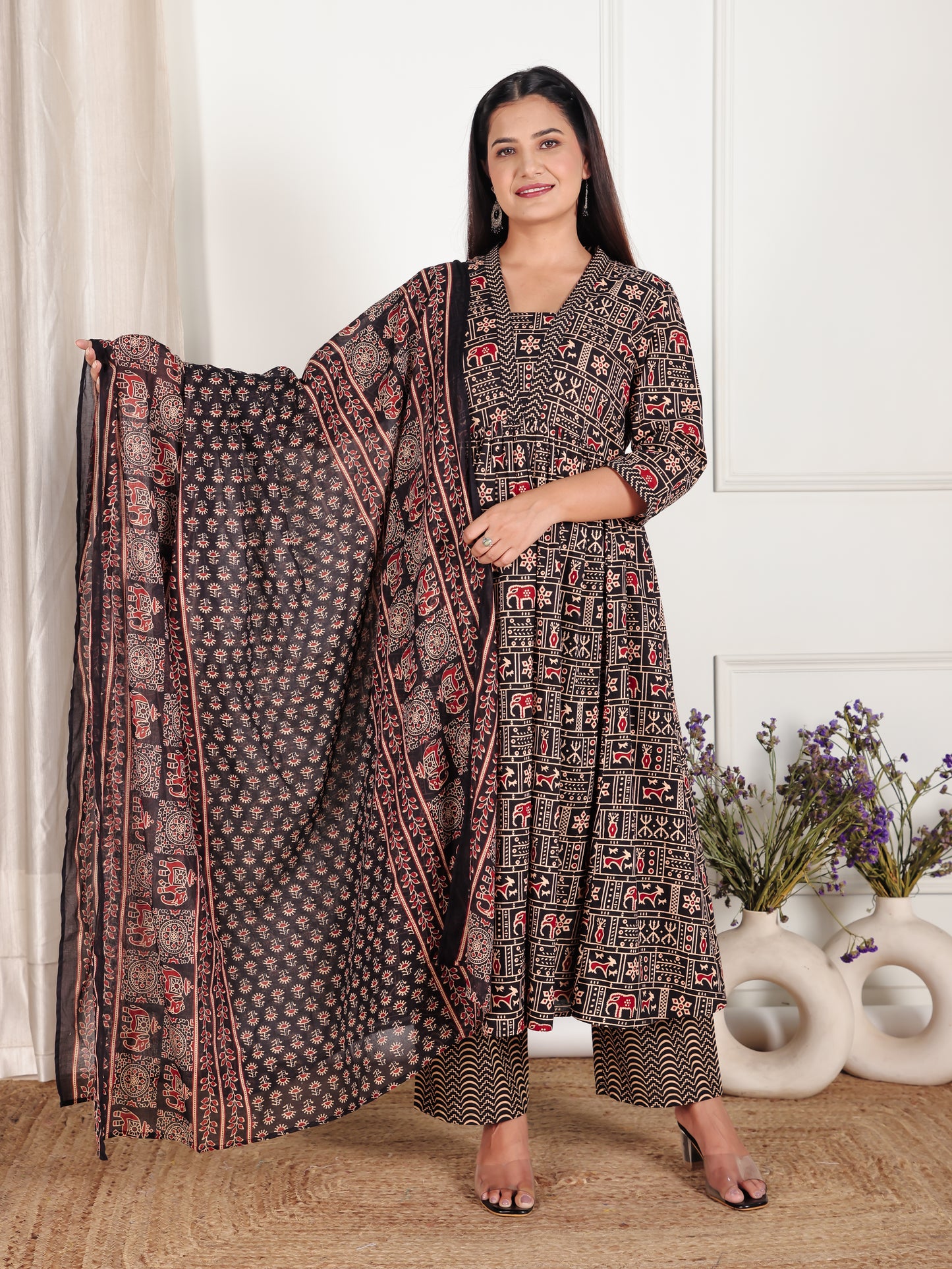 Soft Cotton Animal Gathered Black Kurta