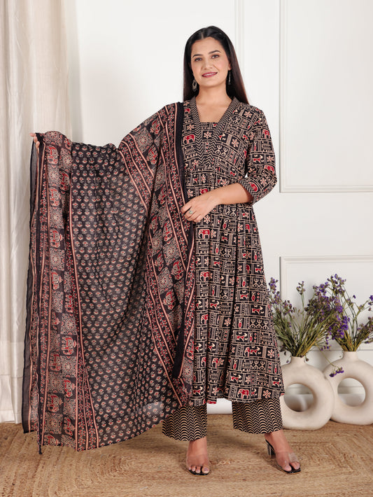 Soft Cotton Animal Print Anarkali Black Kurta