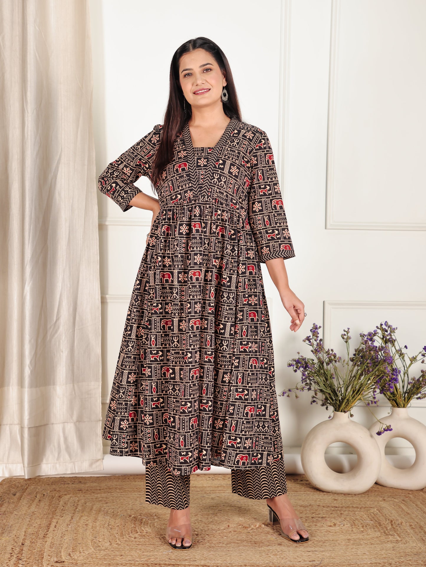Soft Cotton Animal Print Anarkali Black Kurta