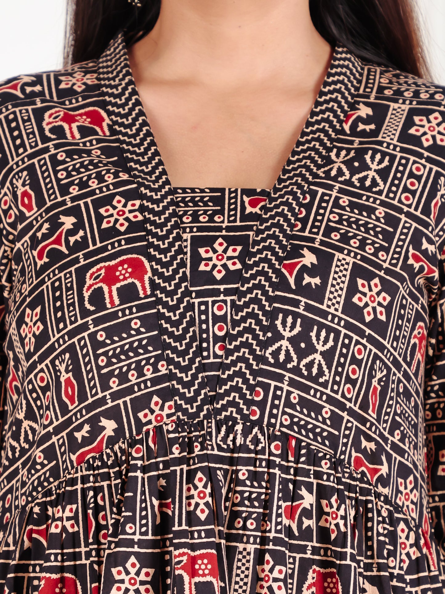 Soft Cotton Animal Gathered Black Kurta