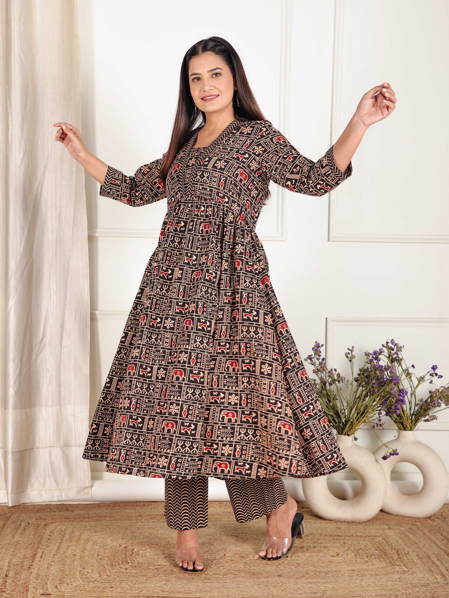 Soft Cotton Animal Print Anarkali Black Kurta