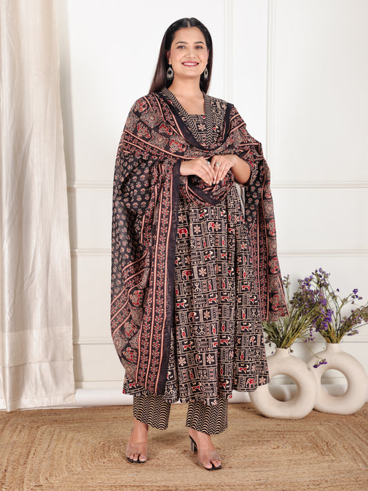 Soft Cotton Animal Gathered Black Kurta