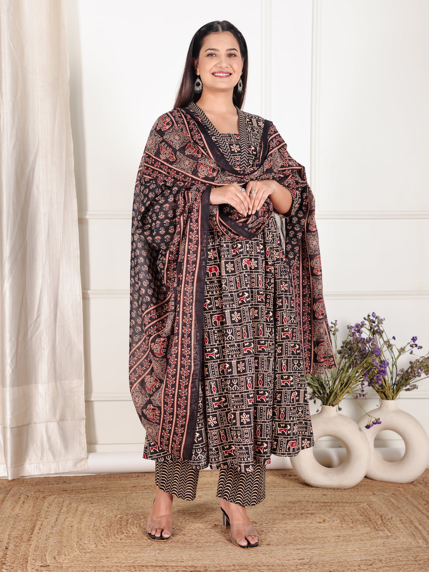 Soft Cotton Animal Print Anarkali Black Kurta
