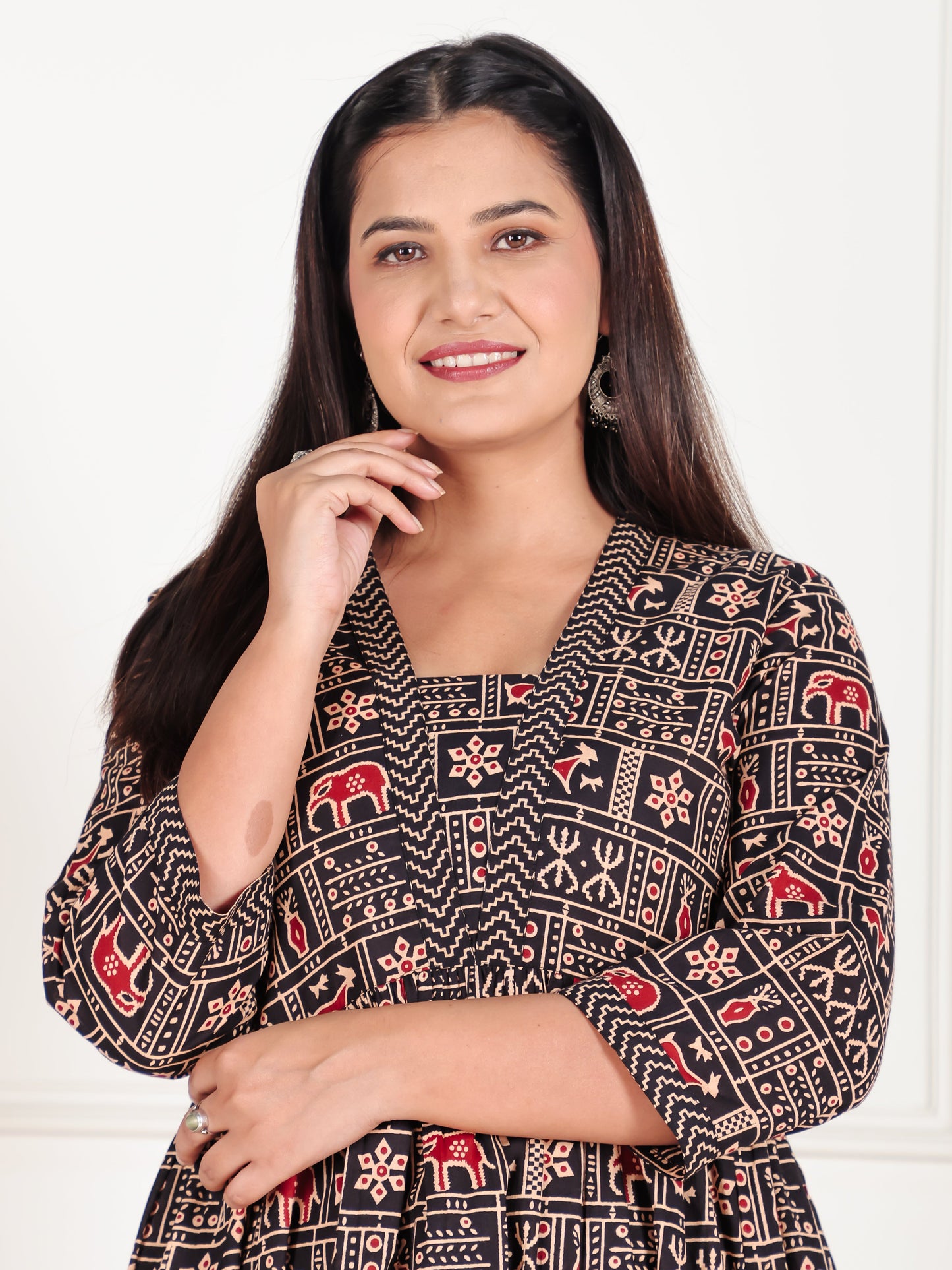 Soft Cotton Animal Gathered Black Kurta