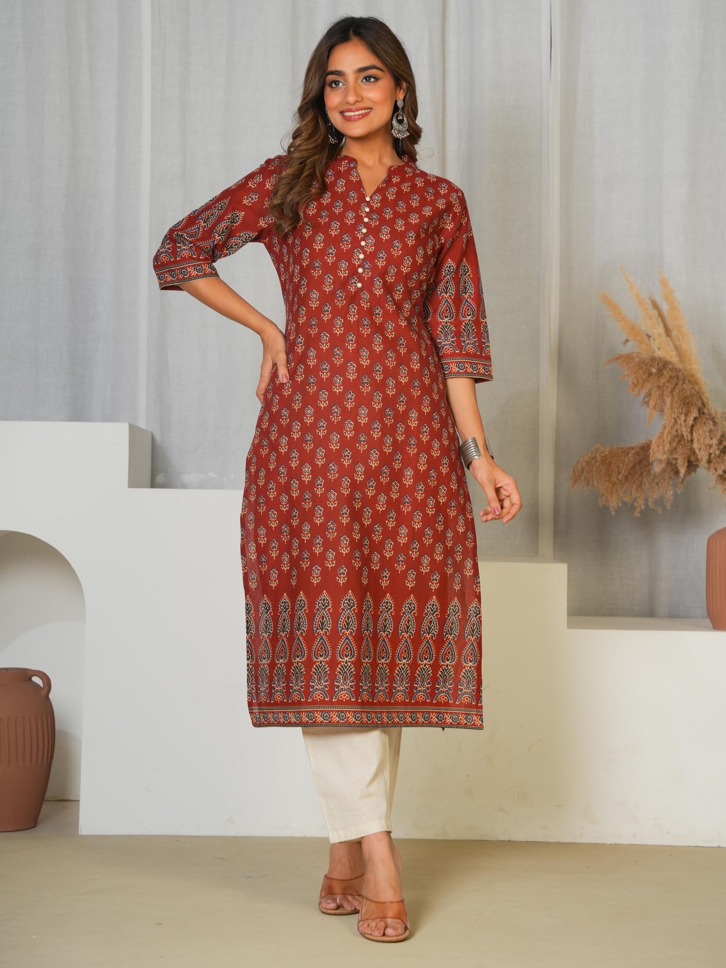 Soft Cotton Butti Straight Red Kurta