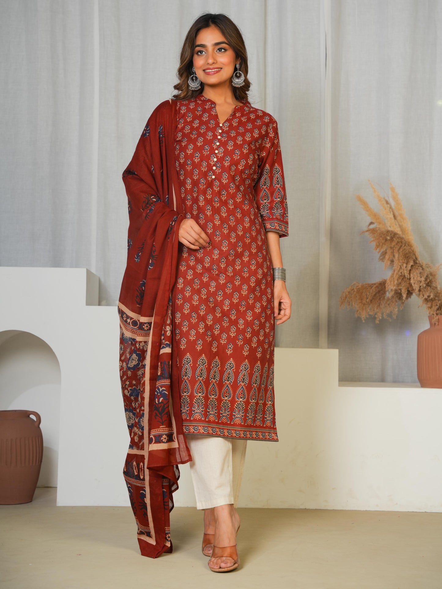 Soft Cotton Butti Straight Red Kurta