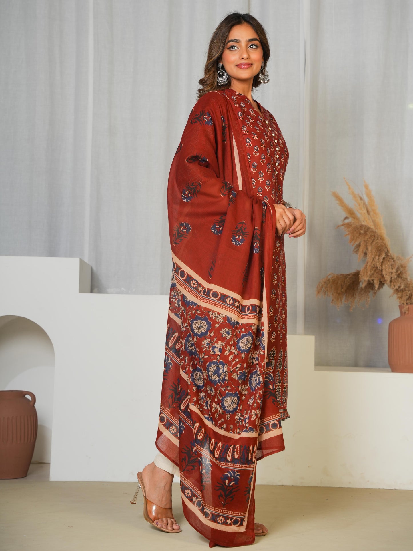 Soft Cotton Butti Straight Red Kurta