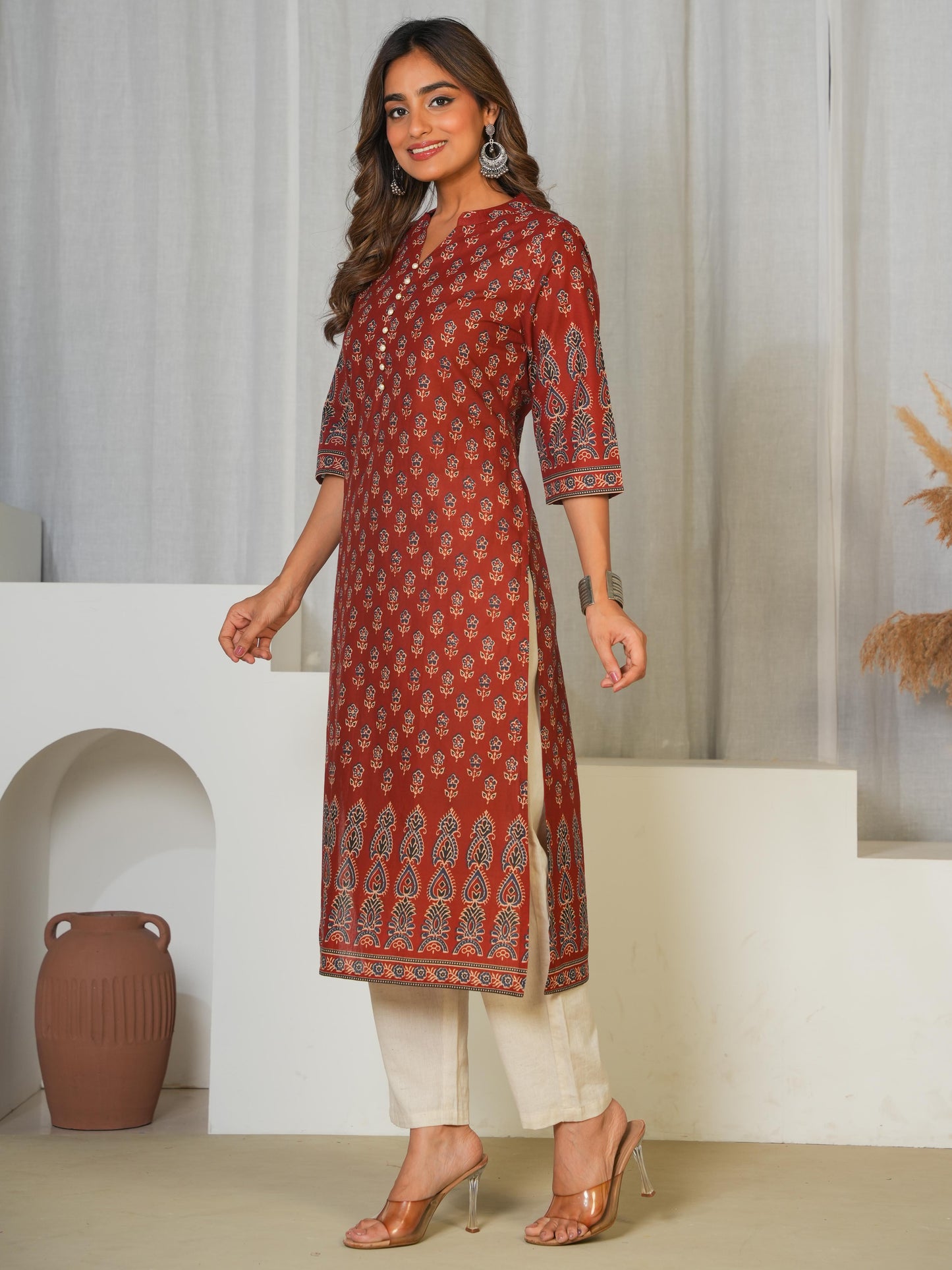Soft Cotton Butti Straight Red Kurta