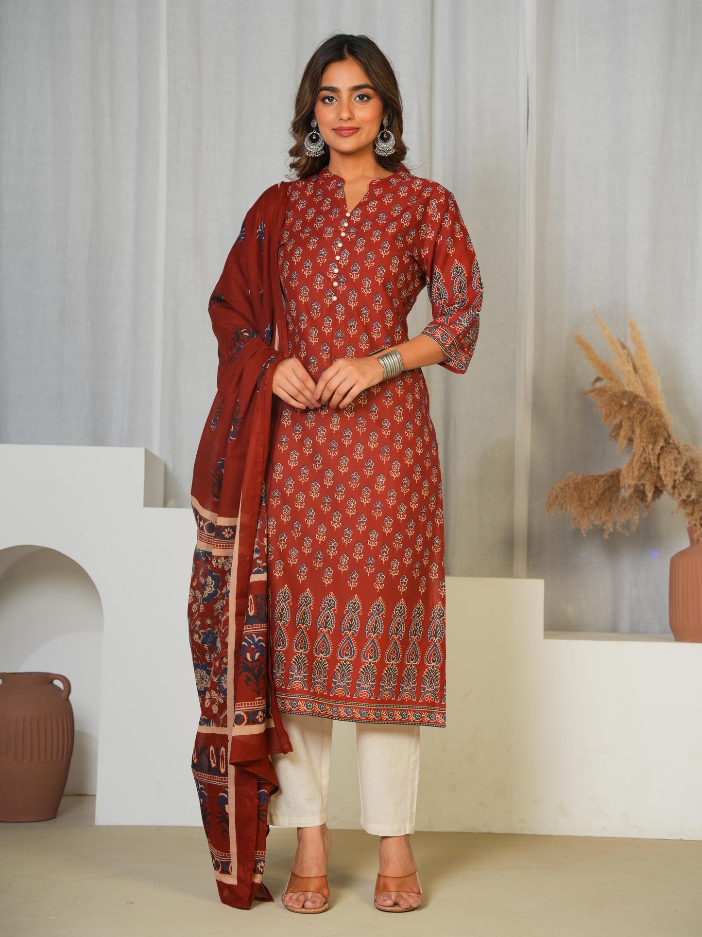 Soft Cotton Butti Straight Red Kurta